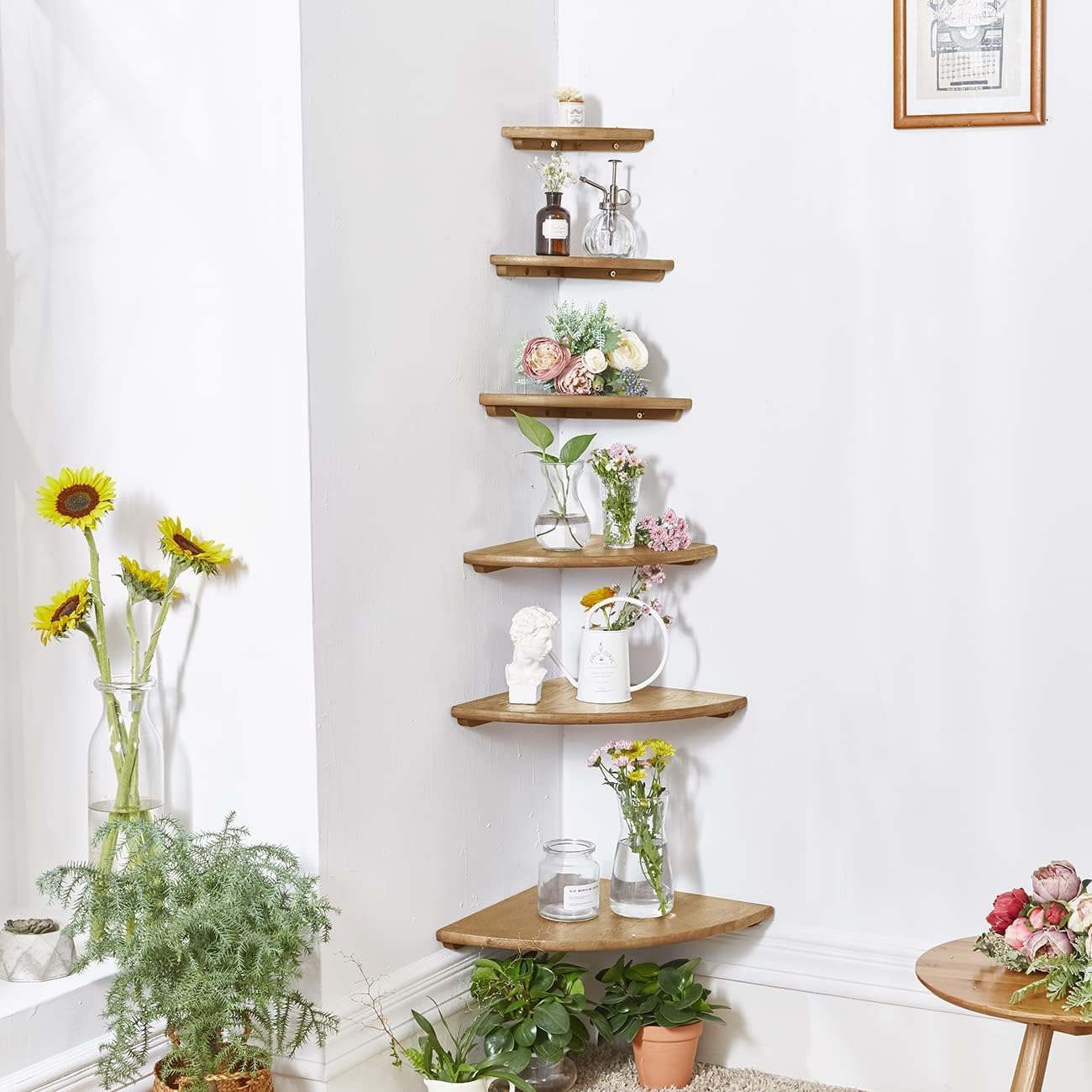 Corner Shelves, Floating Corner Shelf, Set of 3 Solid Oak Wood Corner Wall Shelves, Round End with Wire Hole Shelving for Small Plant for Bedroom Kitchen, Living Room (Size 9/10/12in)