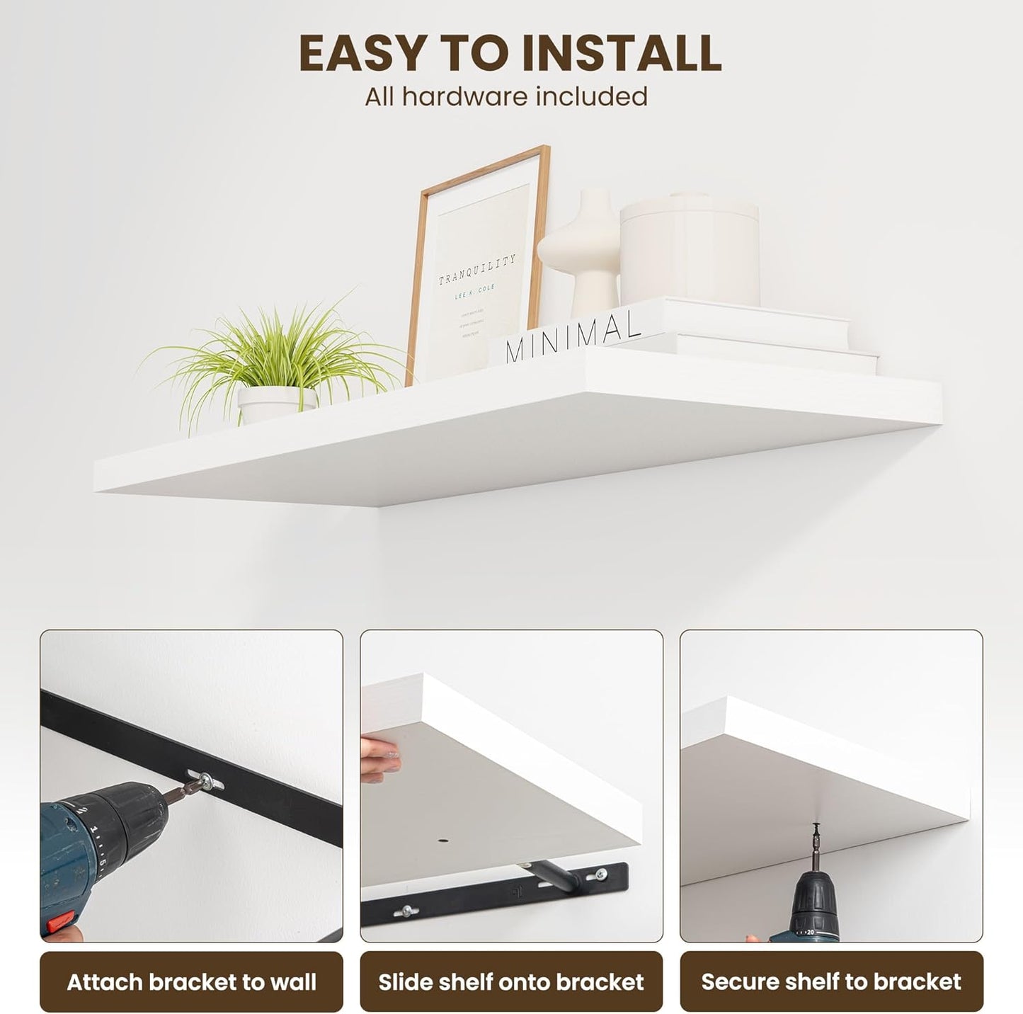 48" Floating Shelves for Wall, 12" Deep Slim White Floating Shelves, Wall-Mounted Shelves for Bedroom, Living Room, Kitchen, Bathroom - Set of 2