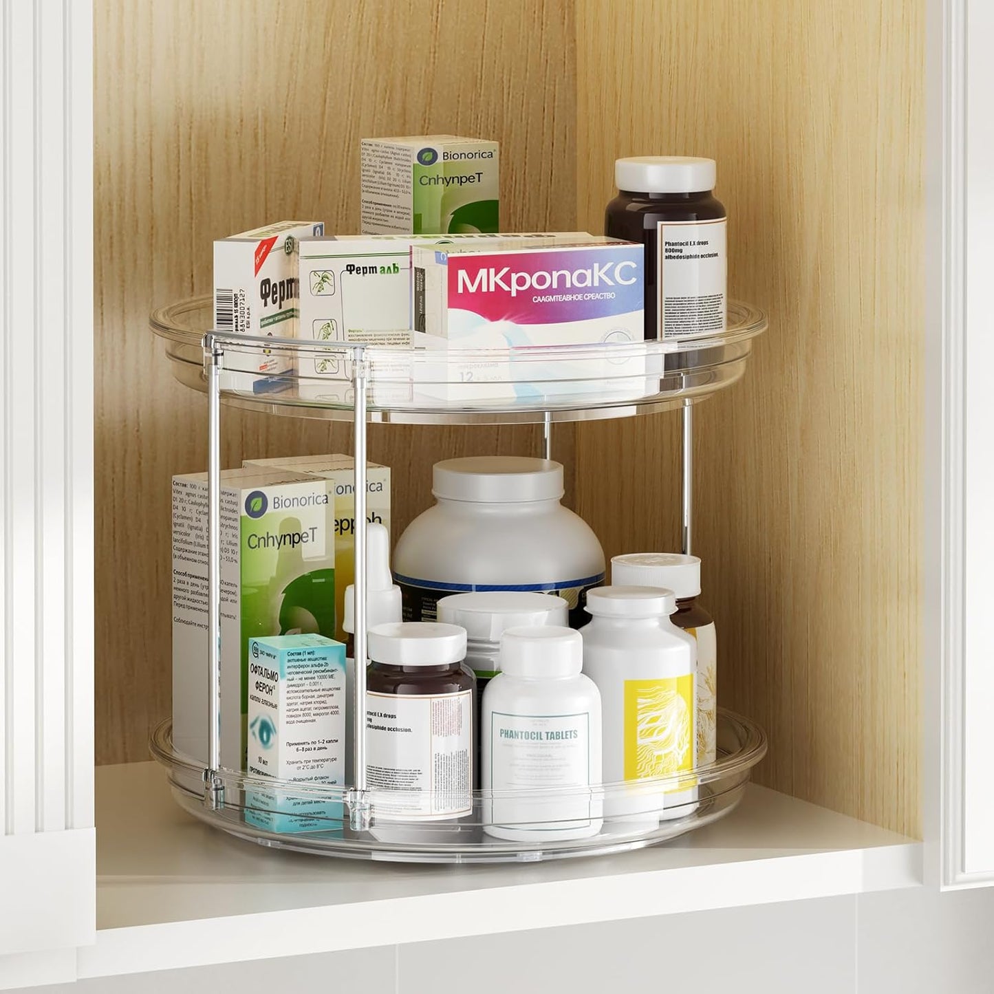 2 Tier Lazy Susan Organizer, 9.25'' Lazy Susan Turntable for Cabinet, Stackable Turntable Organizer Rotating Spice Rack Organization for Kitchen Countertop, Pantry, Bathroom, Clear