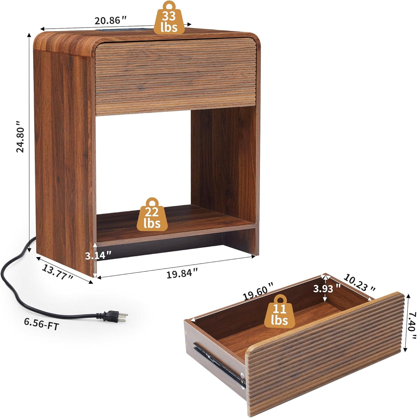 Fluted Nightstand Set of 2 with Charging Station, Modern Bed Side Table End Table with Drawer Storage, Large Wooden Night Stands Bedside for Bedroom Living Room Sofa Office, Walnut 2 Sets