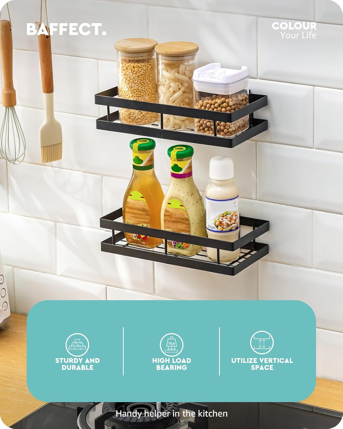 Metal Spice Rack Wall Mount Floating Shelves 2 Pack Black Storage organizer for Cabinet Door Pantry Kitchen Bathroom Supplies (9.8inches length)