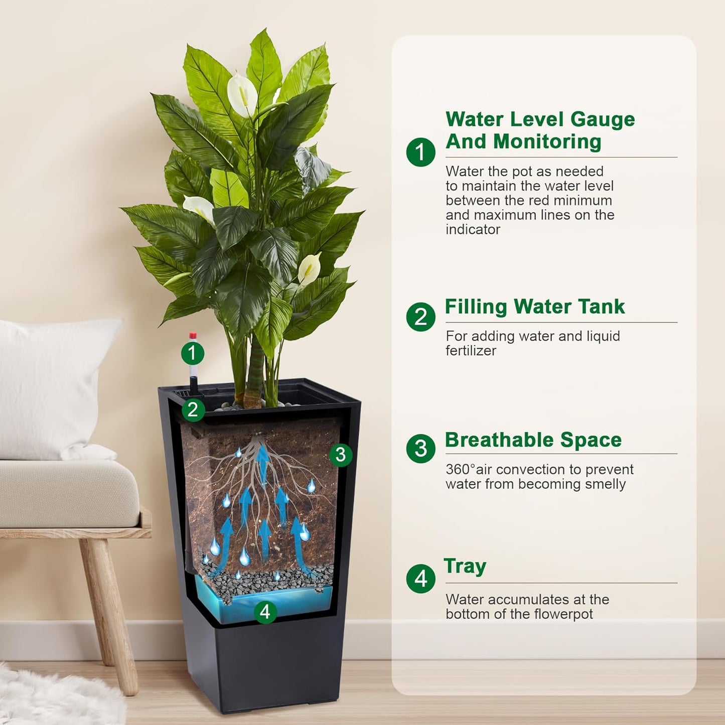 22.5" Tall Planters Set of 2, Outdoor＆Indoor Black Planter Pots, High Front Porch Planter Pots with Drainage Holes＆Water Level Monitor＆Inner Bucket, Automatic Watering, Black