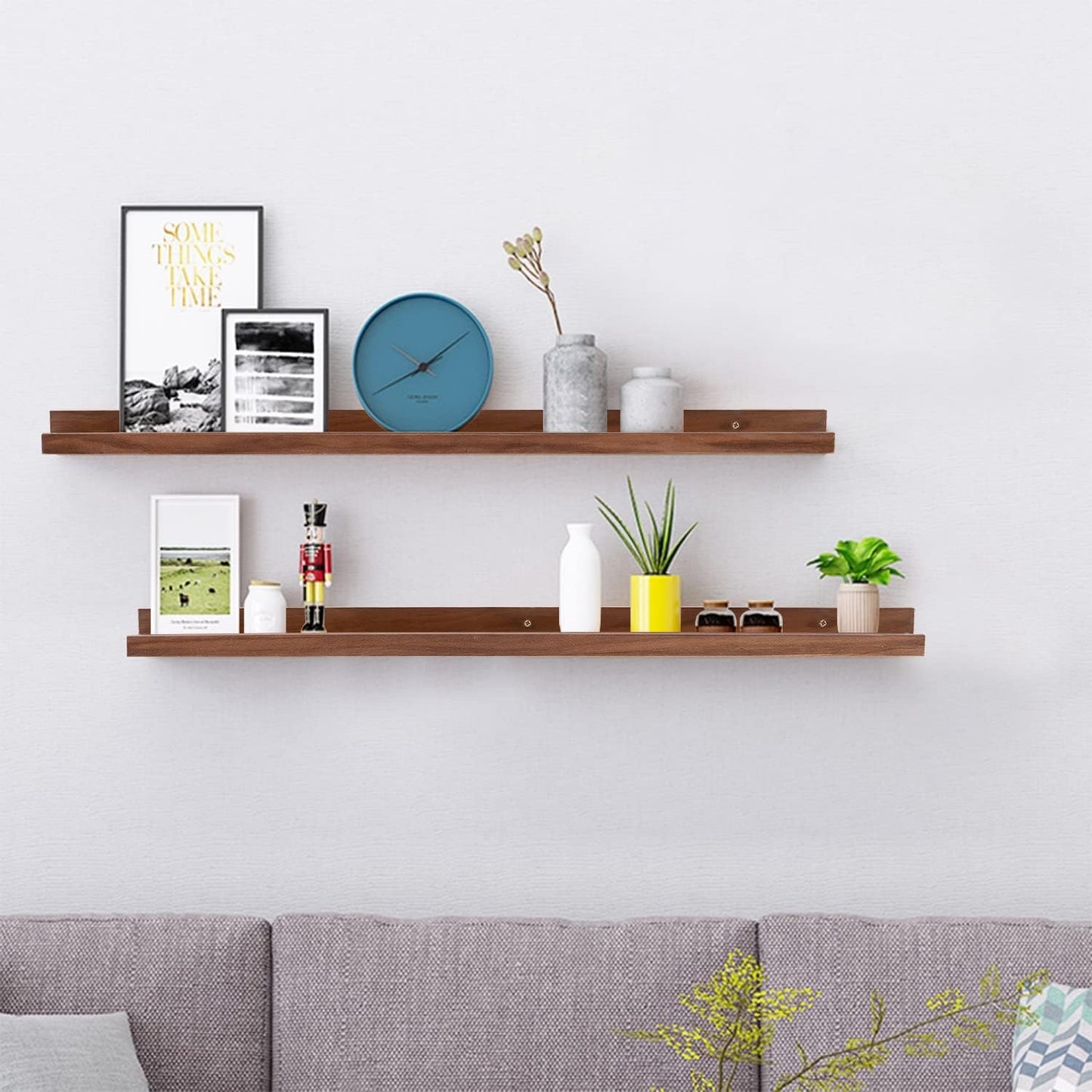 AZSKY 48 Inch Floating Wall Ledge Bookshelf Light Walnut Kids Book Toys Trophy and Family Picture Photo Frames Display Shelves Wall Mounted a Set of 2