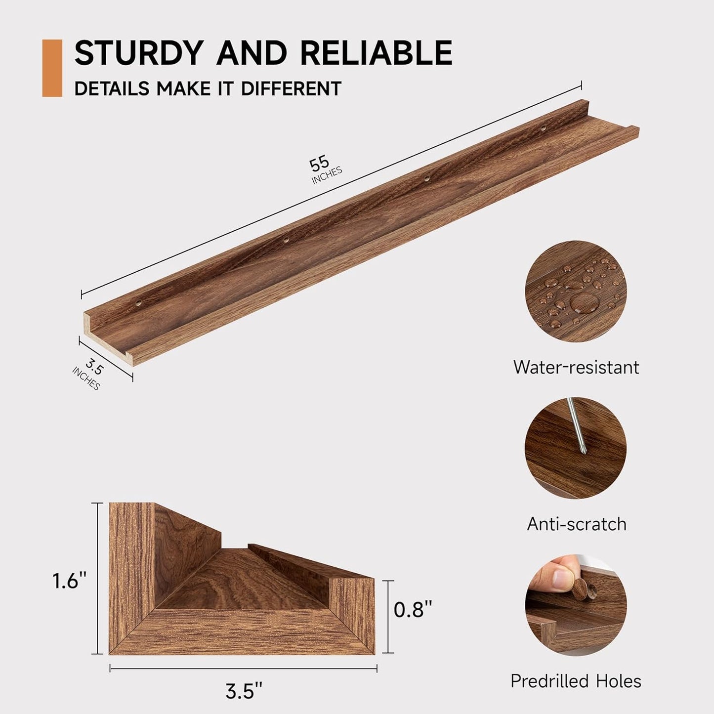 Floating Picture Ledge Shelves for Wall Set of 2, 55 Inches Picture Shelf with Ledge, Nursery Book Shelf for Toys Storage Kids Bookshelf Wall Mounted Living Room Bedroom Decor Frames, Walnut