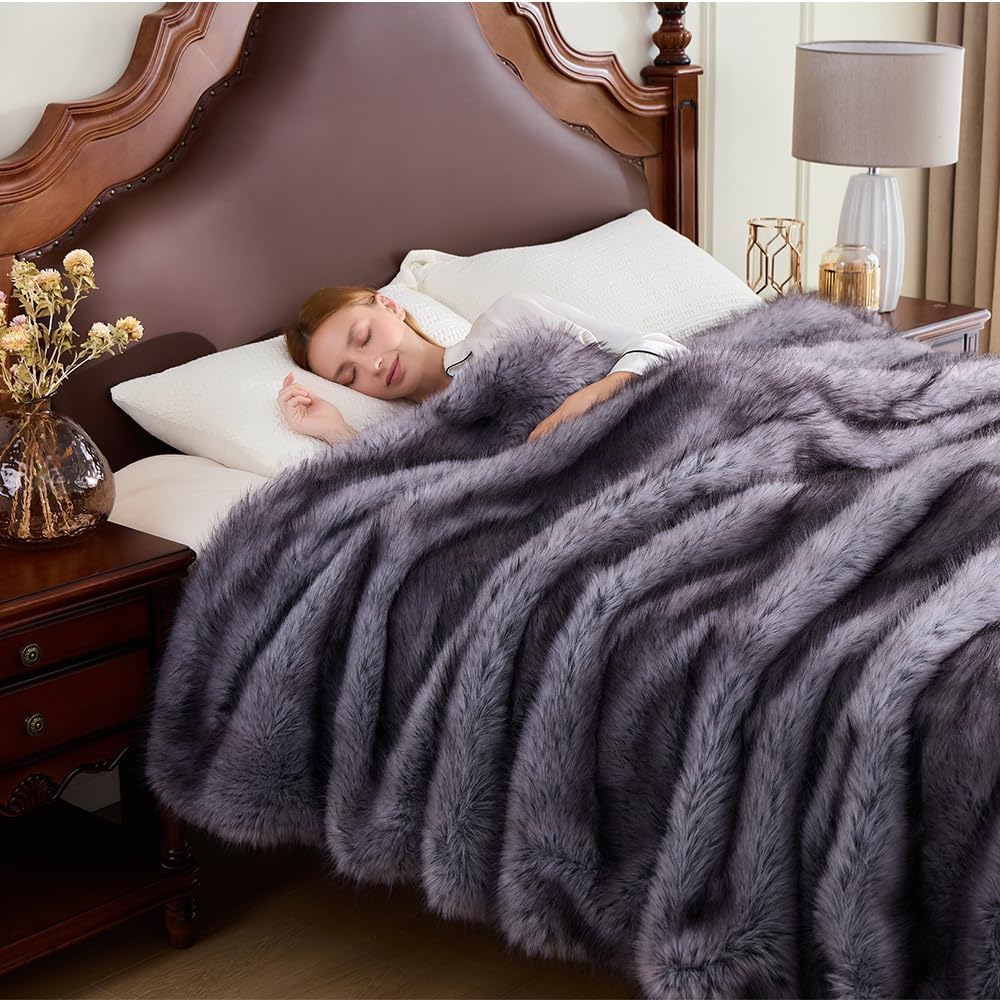 Fluffy Faux Fur Throw Blanket – Super Soft Warm Thick Plush Blanket for Bed, Couch & Office, Cozy Fuzzy Throw with Flannel Backing,108"x90", Grey