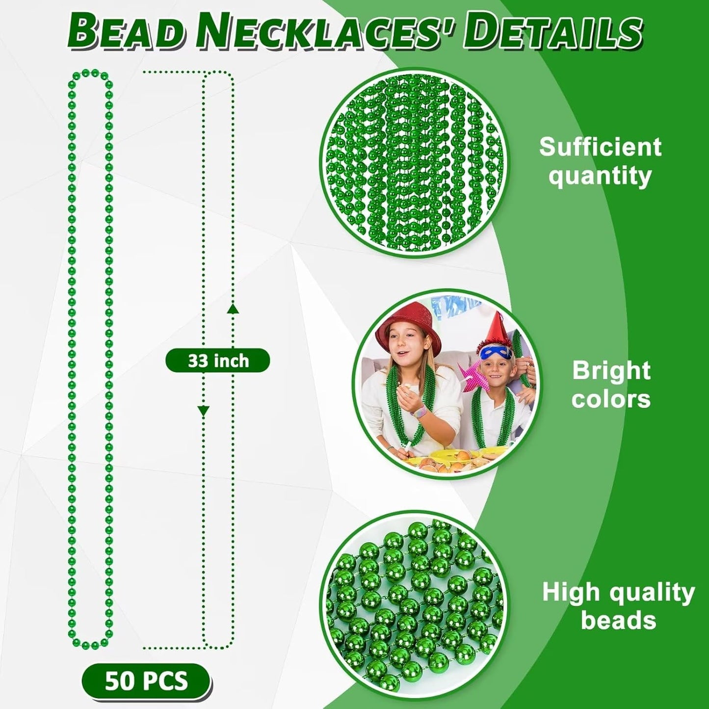 50PCS St Patricks Day Necklace, St. Patrick's Day Green Bead Necklace Accessories, Metallic Irish Saint Patrick Mardi Gras Necklaces Bulk, Parade Throw Accessories for Mardi Gras St. Patricks Party