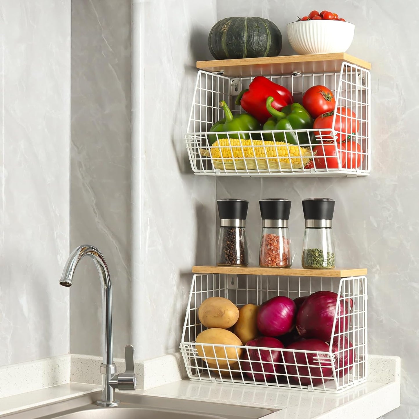 Fruit Basket, 2-Tier Fruit Bowl for Kitchen Counter, Stackable Wall Mounted Fruit Storage, Snack Organizer, Potato and Onion Storage Basket, Hanging Pantry Storage with Wood Lid, 2 Set, White