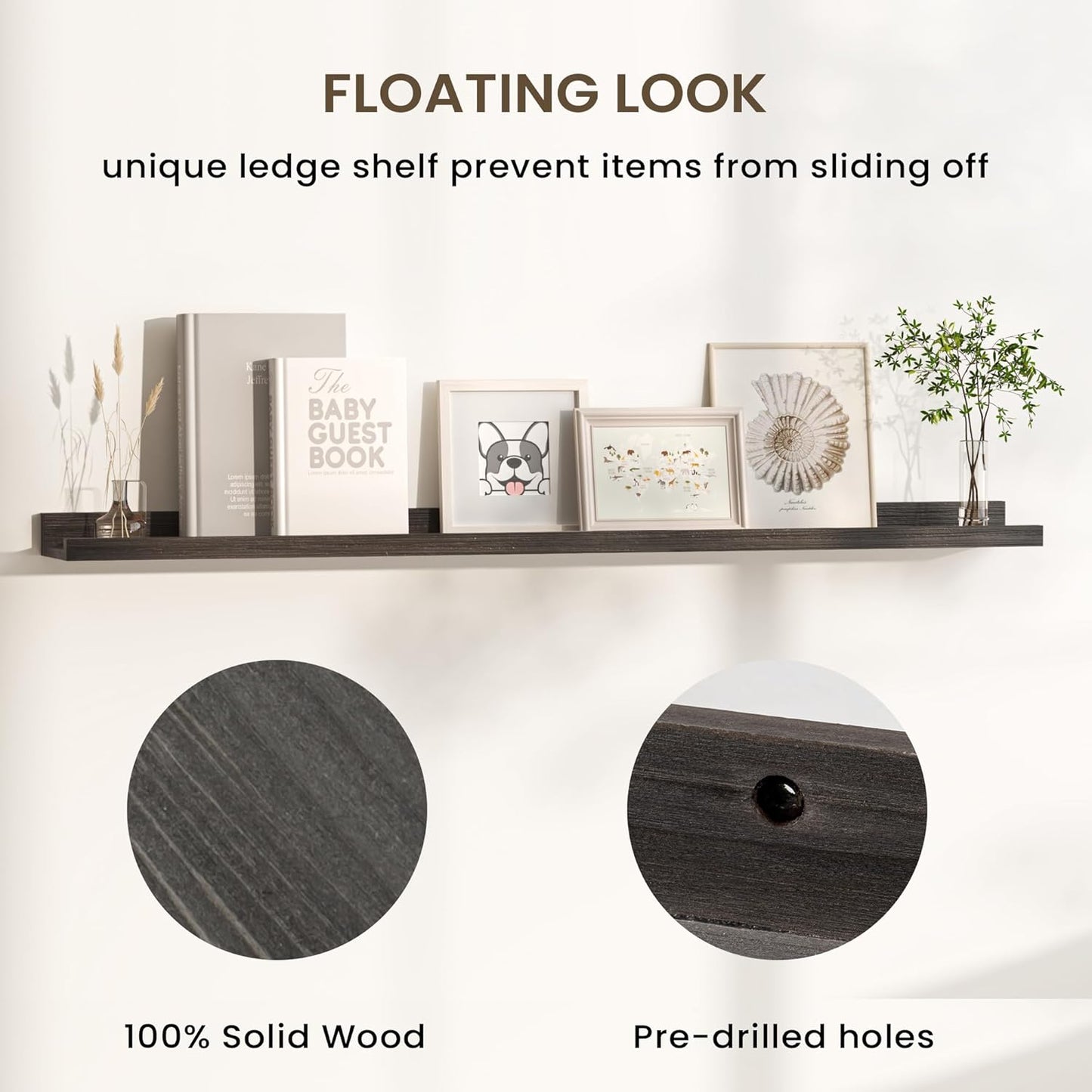 Floating Shelves for Wall, Picture Ledge Shelf 48 Inch Solid Wood Set of 2, Rustic Wall Shelves with Lip, Kids Bookshelf, Photo & Picture Live Edge Floating Shelves for Bedroom, Living Room, Kitchen