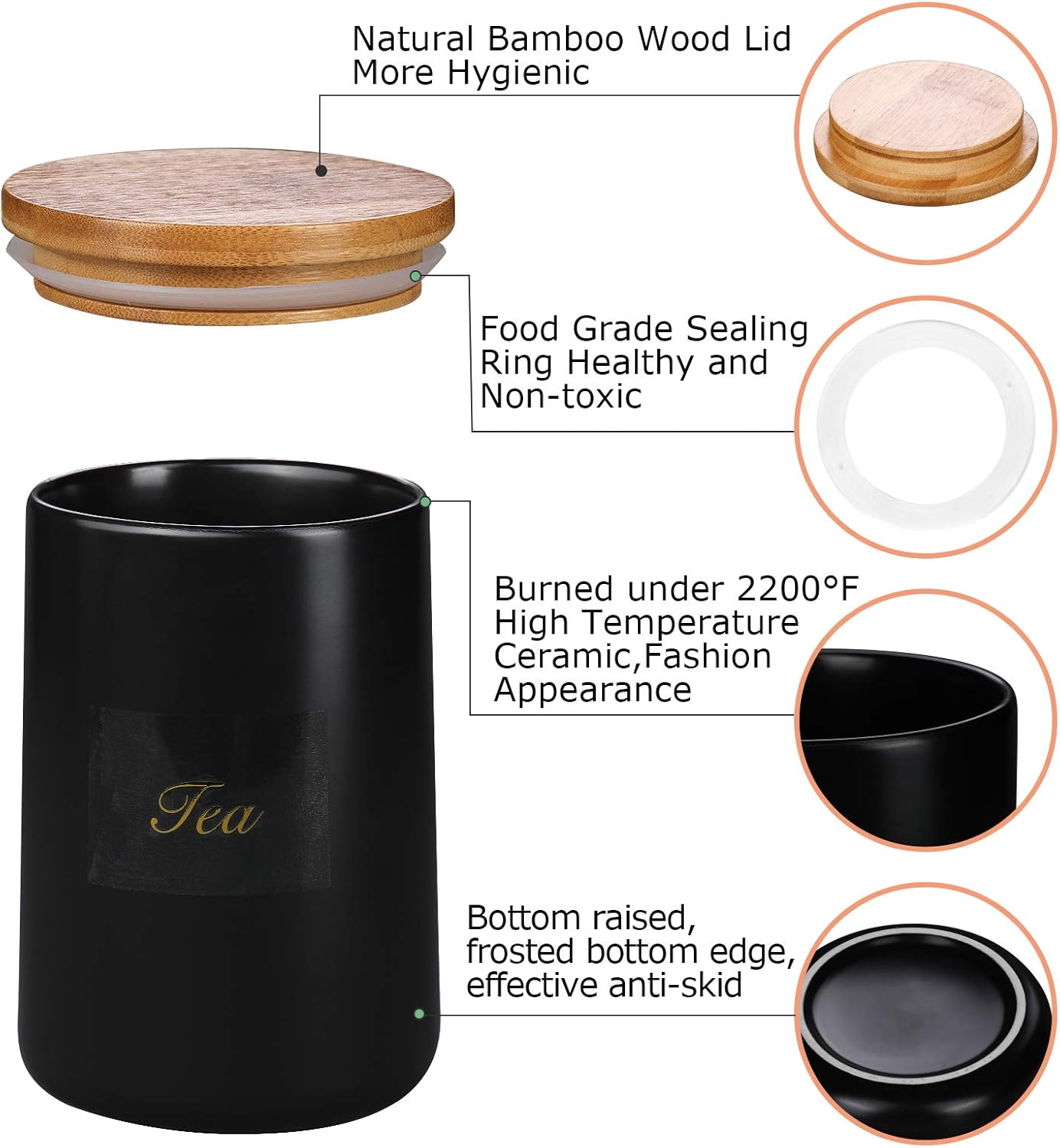 Yangbaga Black Canisters Sets for Kitchen-Set of 3 Coffee Canisters for Countertop with Airtight Wood Lids/Spoons/Stickers, Ceramic Food Storage Containers for Large Suger,Coffee,Tea (42/30/9OZ)