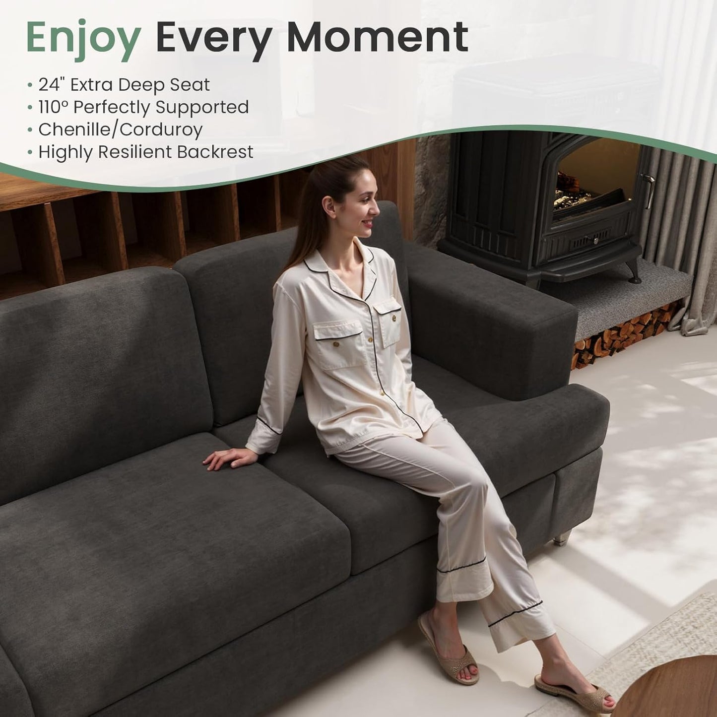 Sofa, 89" 3-Seater Deep Seat Sofa, Modern Comfy Couches for Living Room Apartment Lounge, Dark Grey Chenille