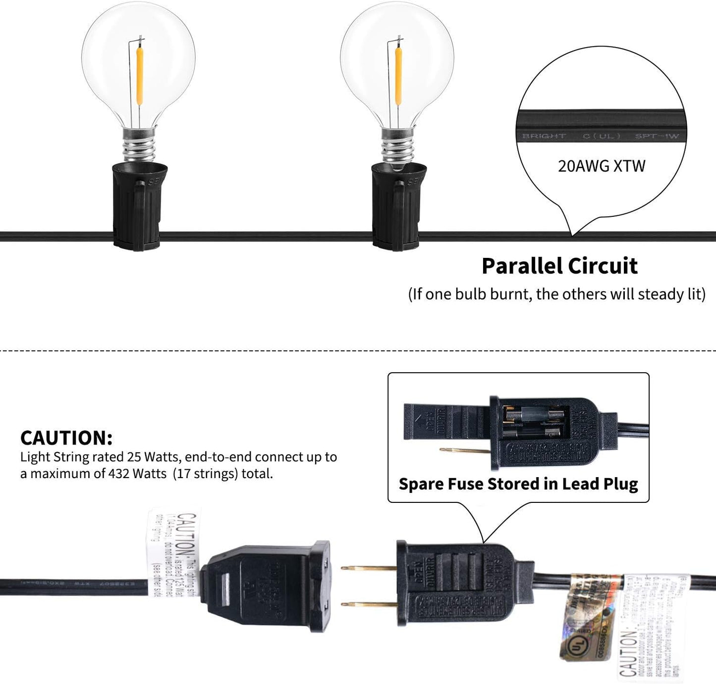Brightown LED String Lights Outdoor 25Feet G40 Patio Lights with 25 Shatterproof Bulbs, Waterproof Globe Hanging Lights for Backyard Porch Bistro Balcony Decor, E12 Socket