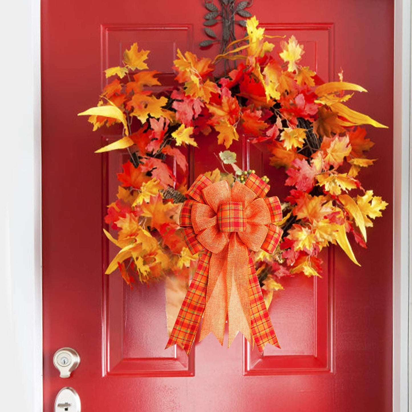 Iceyyyy 4Pcs Large Fall Thanksgiving Wreath Gift Bow -18.8x10.6inch Orange Buffalo Plaid Check Wreath Swag Bow Wreath Pre-Tied Bow for Fall, Thanksgiving, Christmas, Home Indoor Outdoor Ornaments