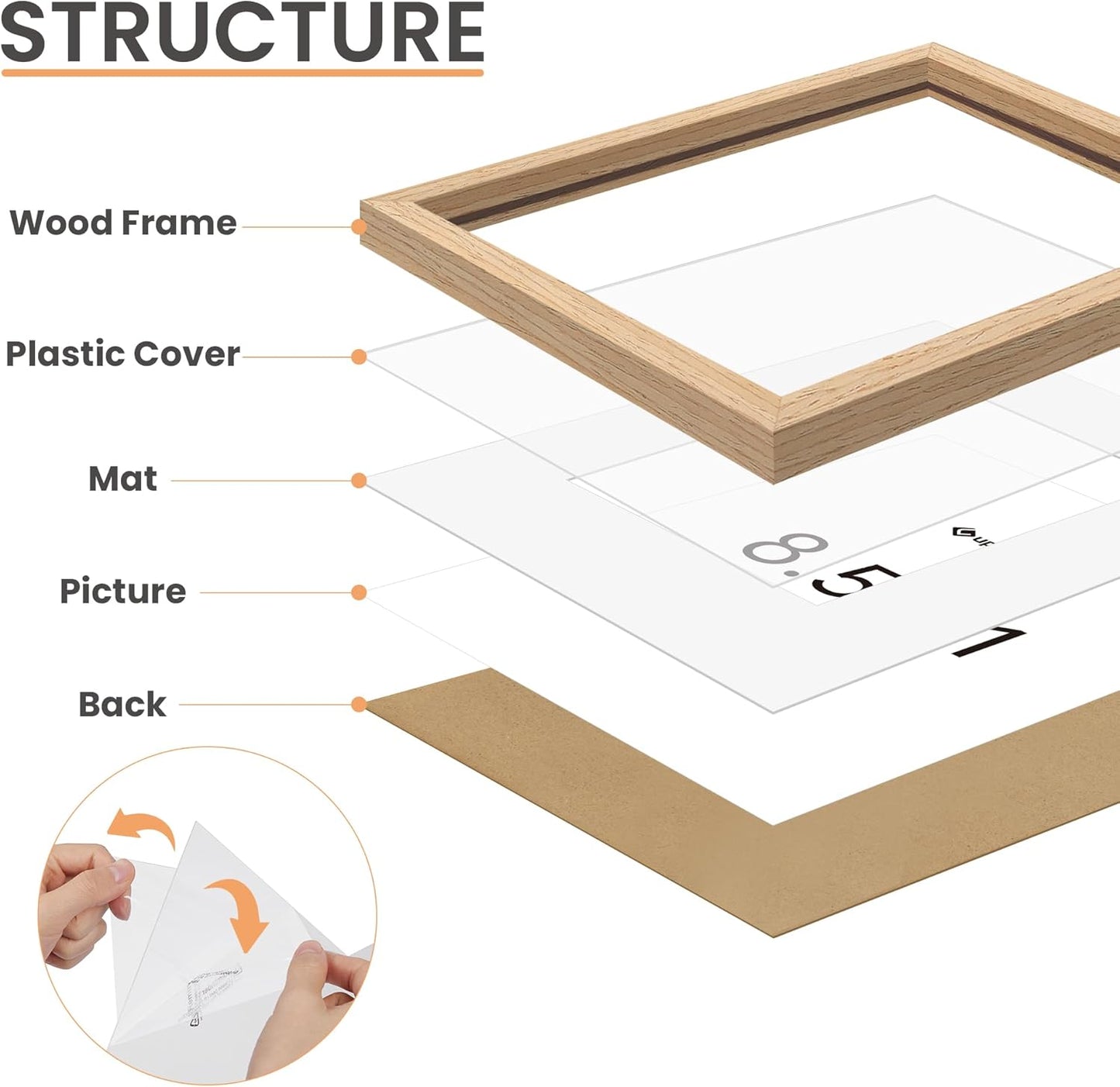 upsimples 8.5 by 11 Picture Frame, Natural Solid Wood Picture Frames, Display 6x8 with Mat or 8.5 x 11 Without, Wall or Tabletop, 1 Pack, Natural