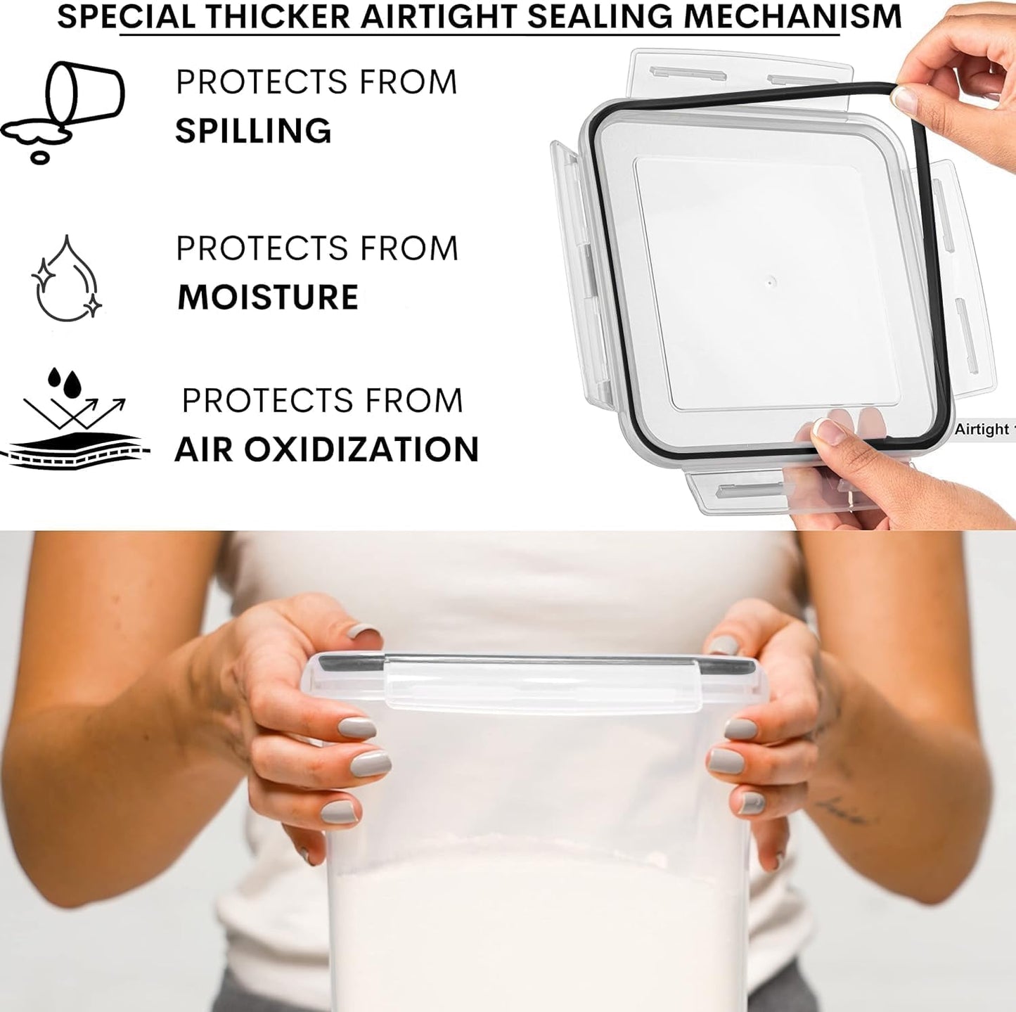 WHITE FEATHER SUPPLIES 4 Pc Flour Sugar Storage Container, Large Food Storage Containers with Lids Airtight for Kitchen, BPA Free Plastic Cereal Containers Storage [2 X 6.5 + 2 X 5.2] 4 Measuring Cup
