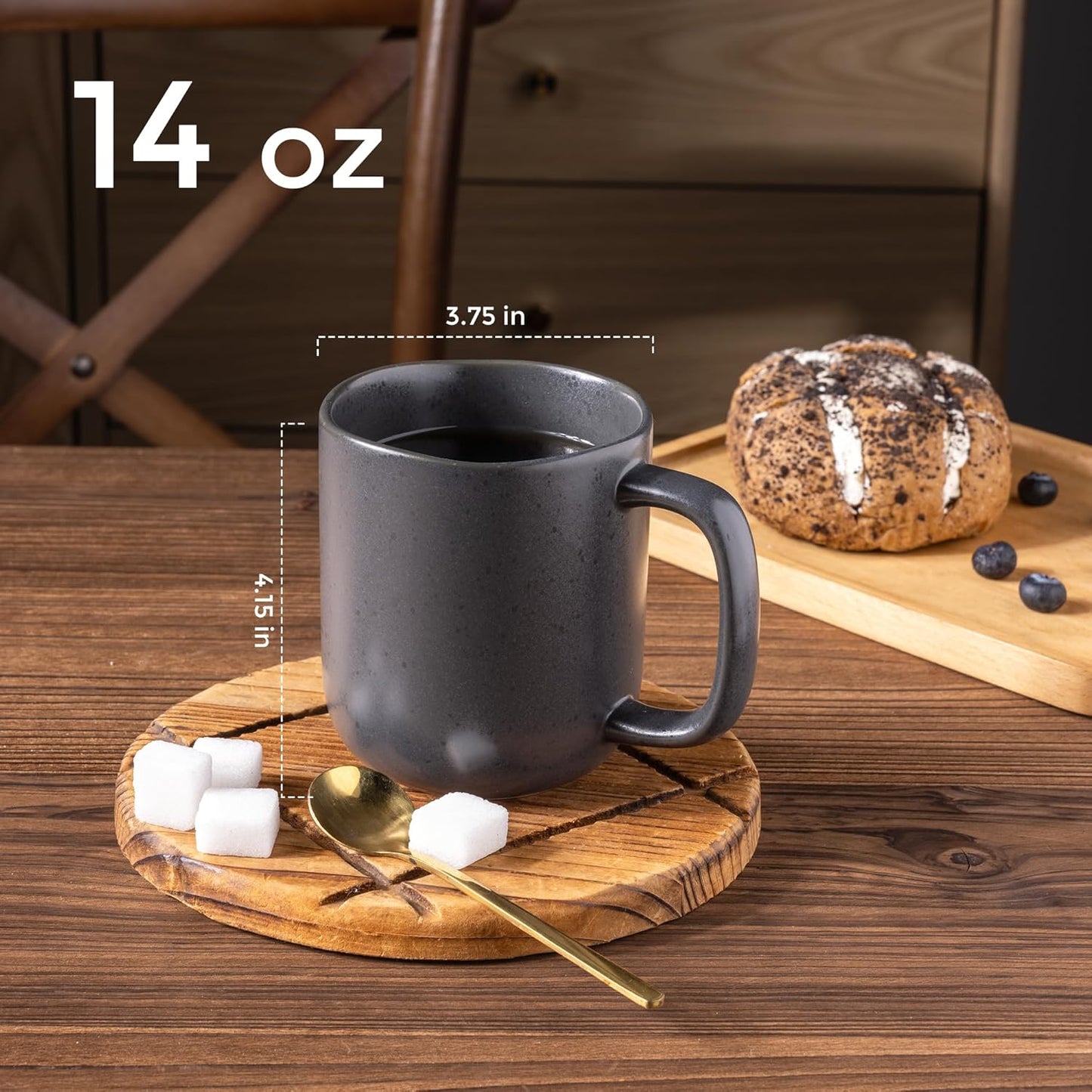 AmorArc 14oz Coffee Mugs Set of 6, Ceramic Coffee Mugs with Large Handle & Wavy Rim for Latte/Hot Cocoa/Tea, Stylish Coffee Cups for Men Women. Oven,Dishwasher&Microwave Safe, Dark Gray