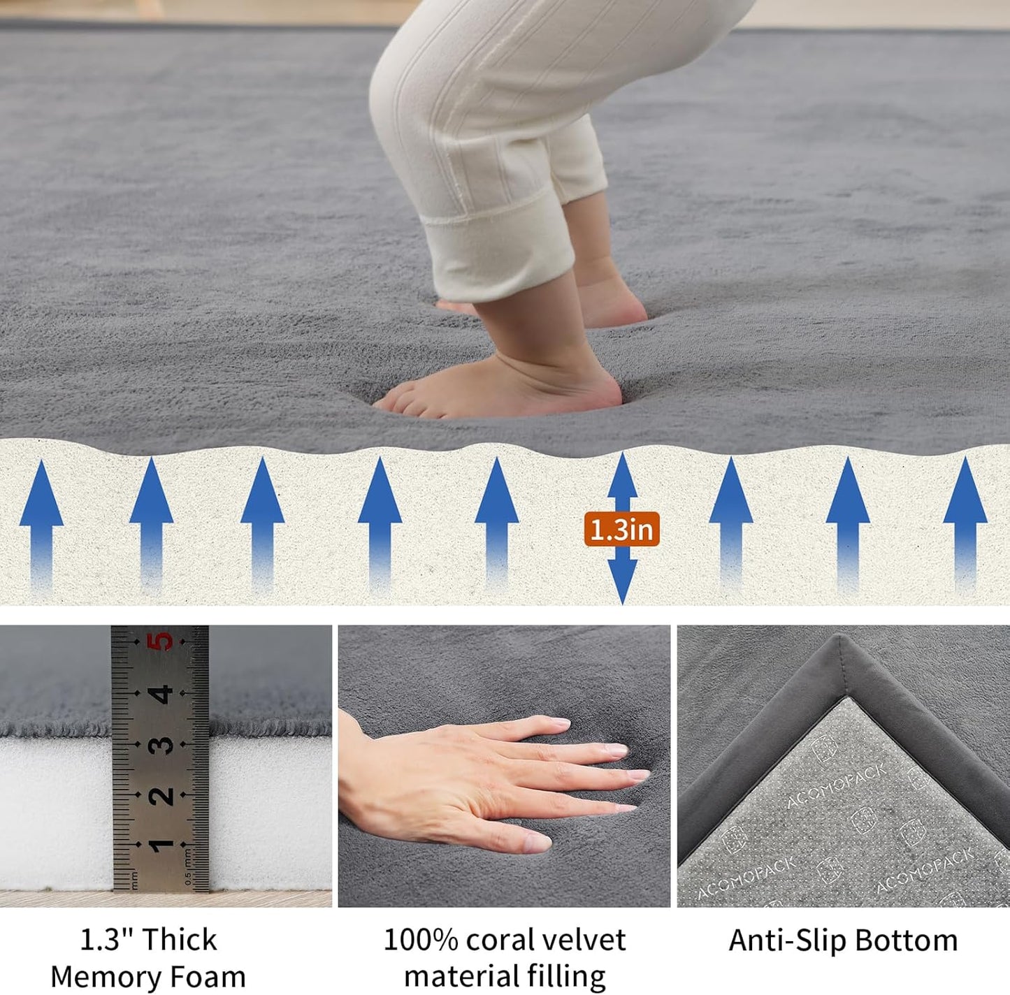 ACOMOPACK Baby Play Mat for Floor,1.3" Thick Memory Foam Area Rug for Living Room,Soft Velvet Crawling with Non-Slip Bottom for Kid,Toddler,79"×118" Tummy Time Nursery Rugs,Yoga（Dark Grey）