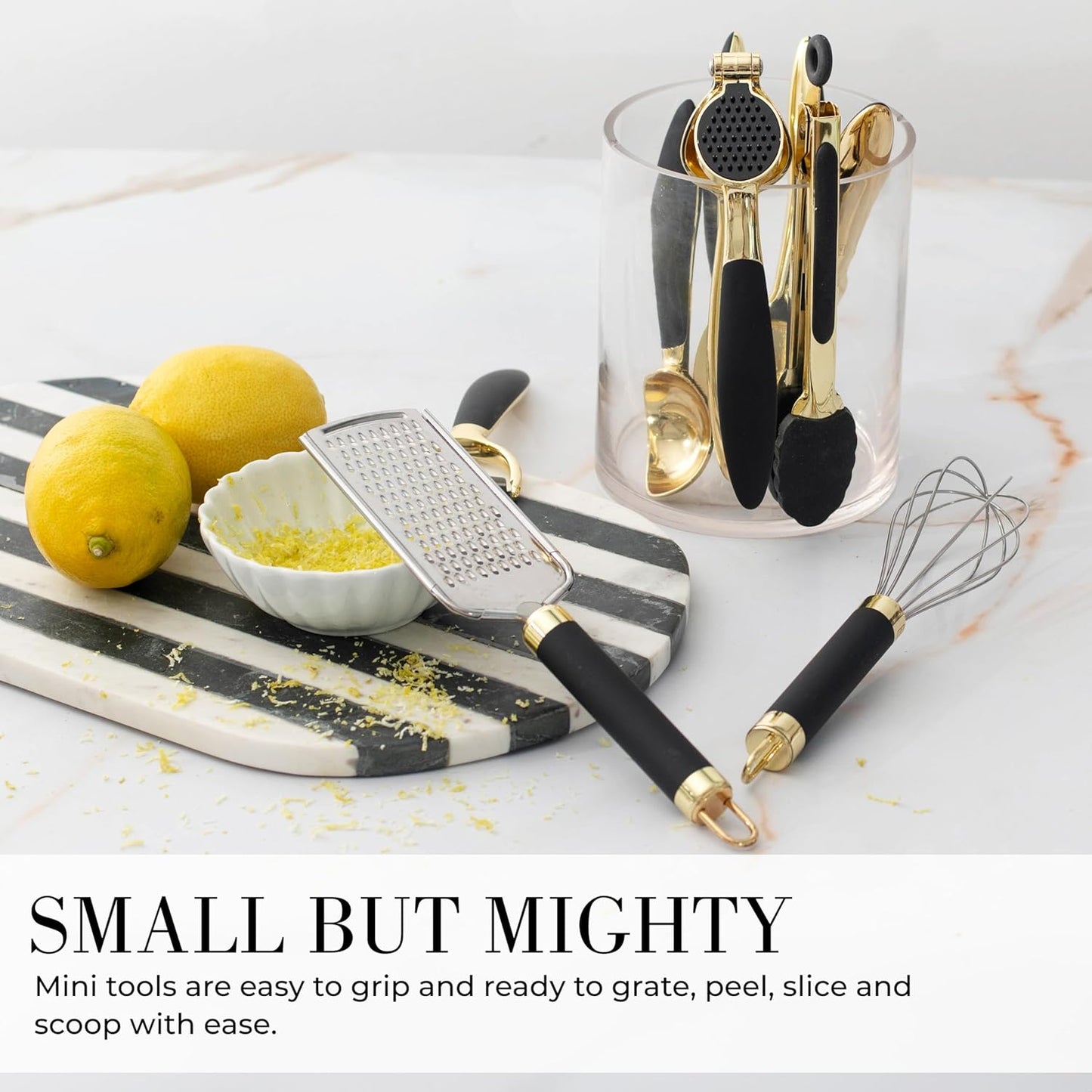 Black and Gold Kitchen Utensils - Luxe 8-Piece Gold Kitchen Tools Set with Can Opener, Pizza Cutter, Peeler, Mini Whisk, and Tongs - Stylish Accessories for Modern Cooking and Ideal for Gifting