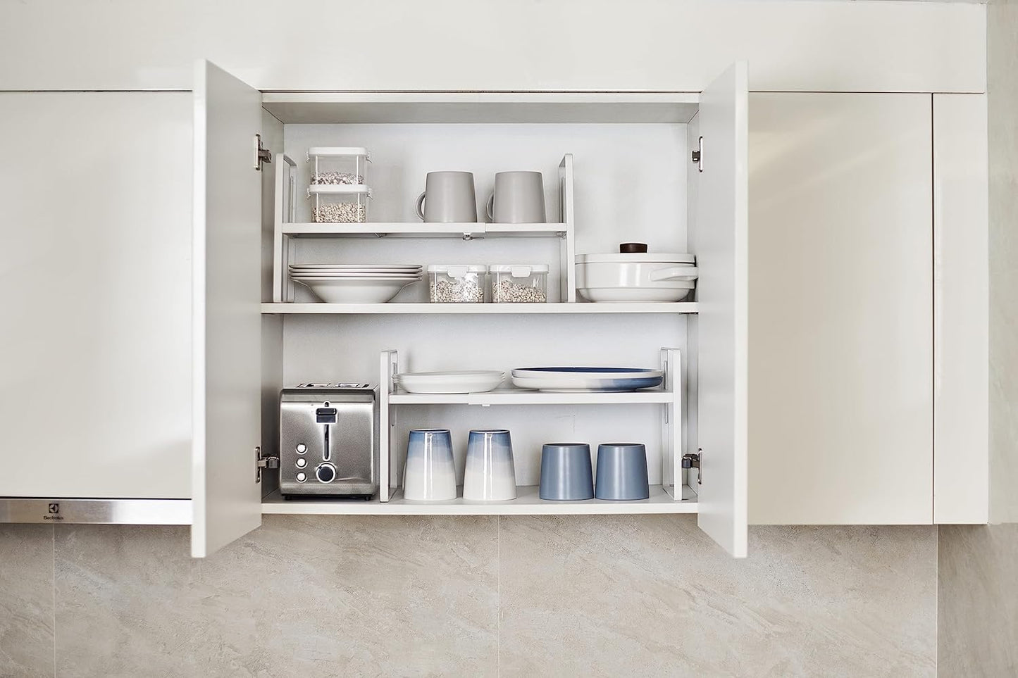 Nxconsu Cabinet Shelf Expandable Height Adjustable Shelf Organizer Riser for Kitchen Cabinet Pantry Cupboard Under Sink Countertop Organization Storage Space Saver Stackable Heavy Duty Metal White XXL