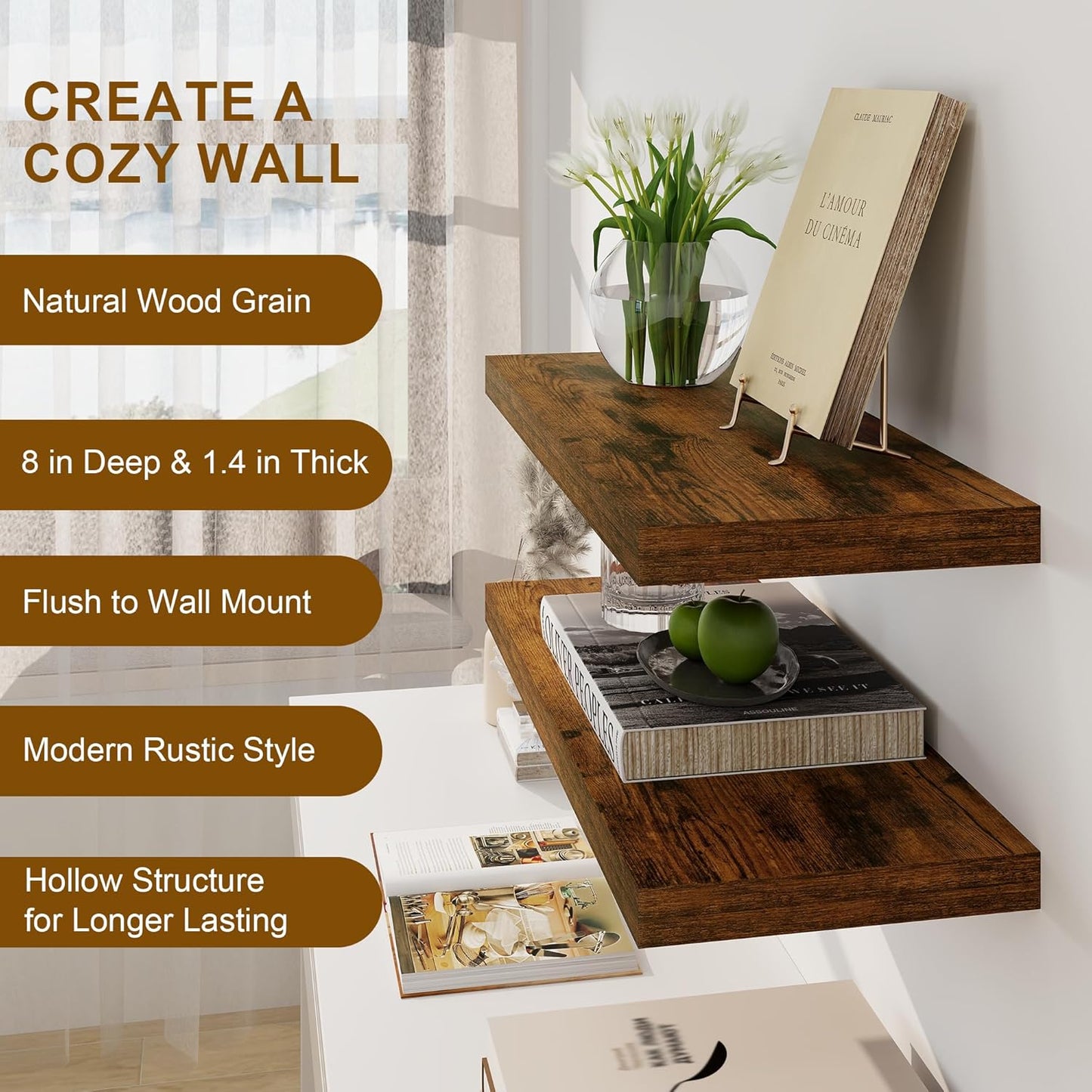 Floating Shelves, 8 Inch Deep Floating Shelves, 24"W x 8"D Wall Shelves Set of 2, Rustic Wood Floating Shelf for Home Decor, Deep Storage Shelves for Kitchen, Bedroom, Living Room, Rustic Brown