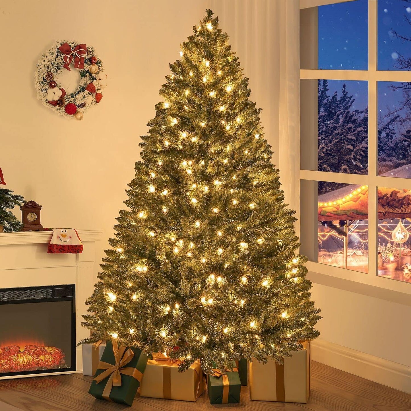 Prague 6.5ft Prelit Artificial Christmas Tree with Foot Pedal, 1197 Branch Tips, 450 Warm Lights and Metal Stand, 49" Wide Realistic Spruce Christmas Tree with Lights by Naomi Home