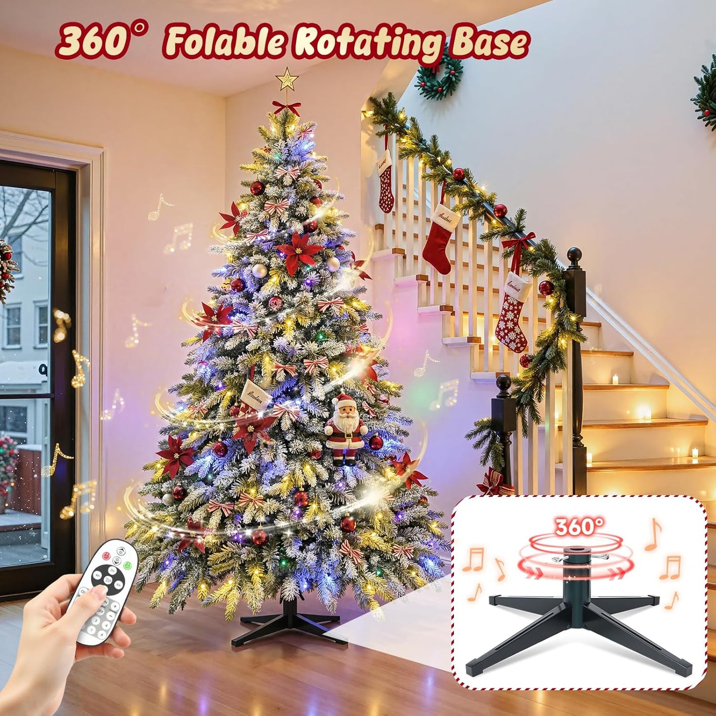 7.5FT Rotating Christmas Tree with Remote, Pre-Lit Artificial Green PE & PVC Xmas Tree, Multicolor LED Lights with Music & Flash Modes, Deluxe Holiday Home Decor