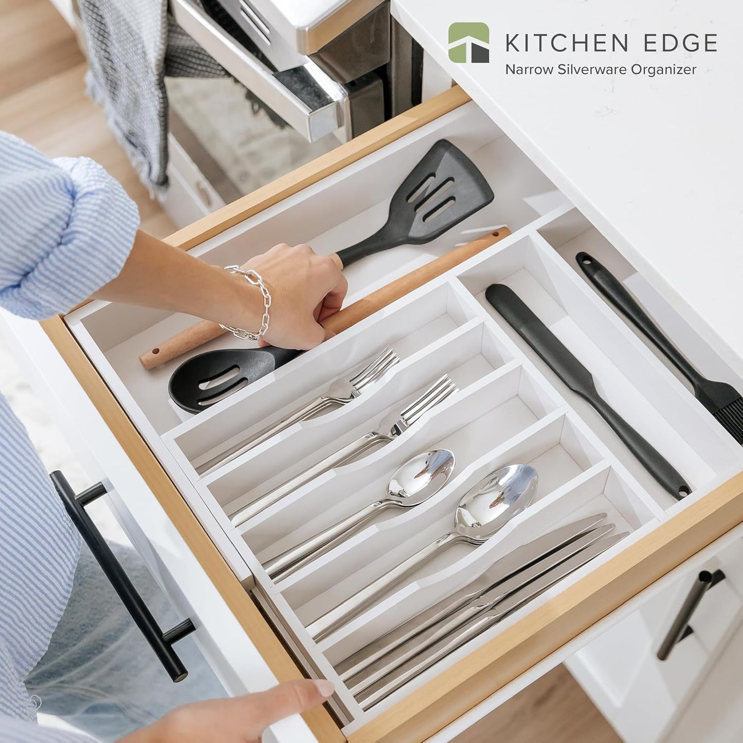 Premium Silverware, Flatware and Utensil Organizer for Kitchen Drawers, Food-Safe Contract Grade, Expandable from 10.5 to 19 In, White Bamboo