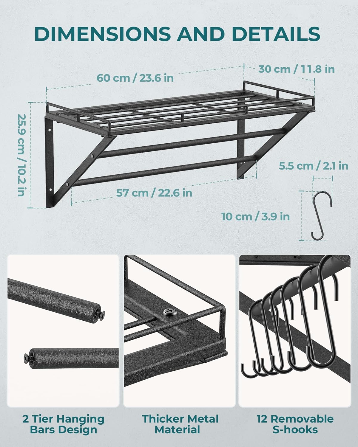 OROPY 23 Inch Wall Mounted Pot Rack Storage Shelf with 2 Tier Hanging Rails 12 S Hooks included, Ideal for Pans, Utensils, Cookware, Plant Black