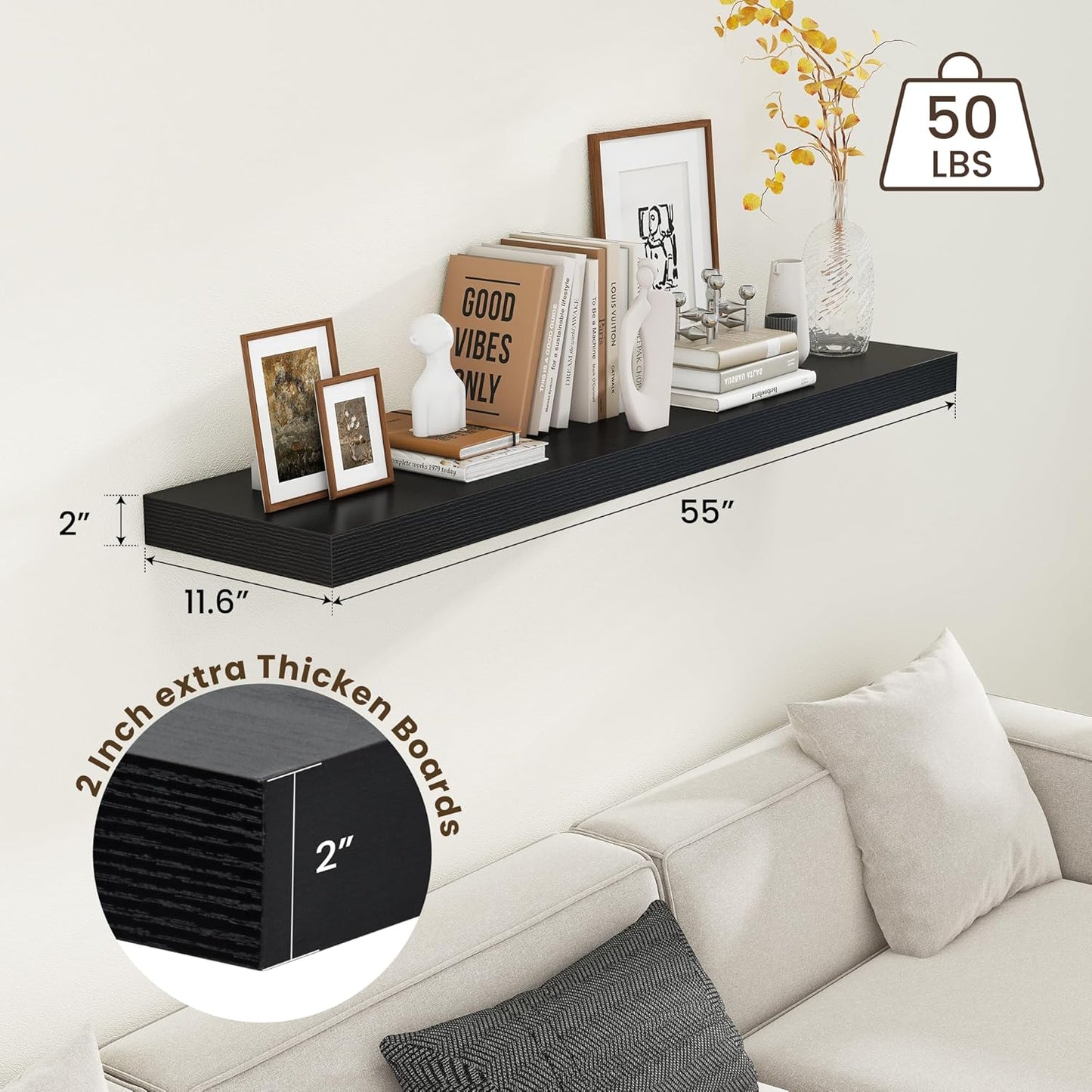 Black Floating Shelves for Wall - 55 Inch Wide x 12 Inch Deep Wall Shelves Set of 1 - Rustic Black Wood Shelves for Living Room, Bathroom, Laundry Room, Bedroom, Kitchen, Home Office