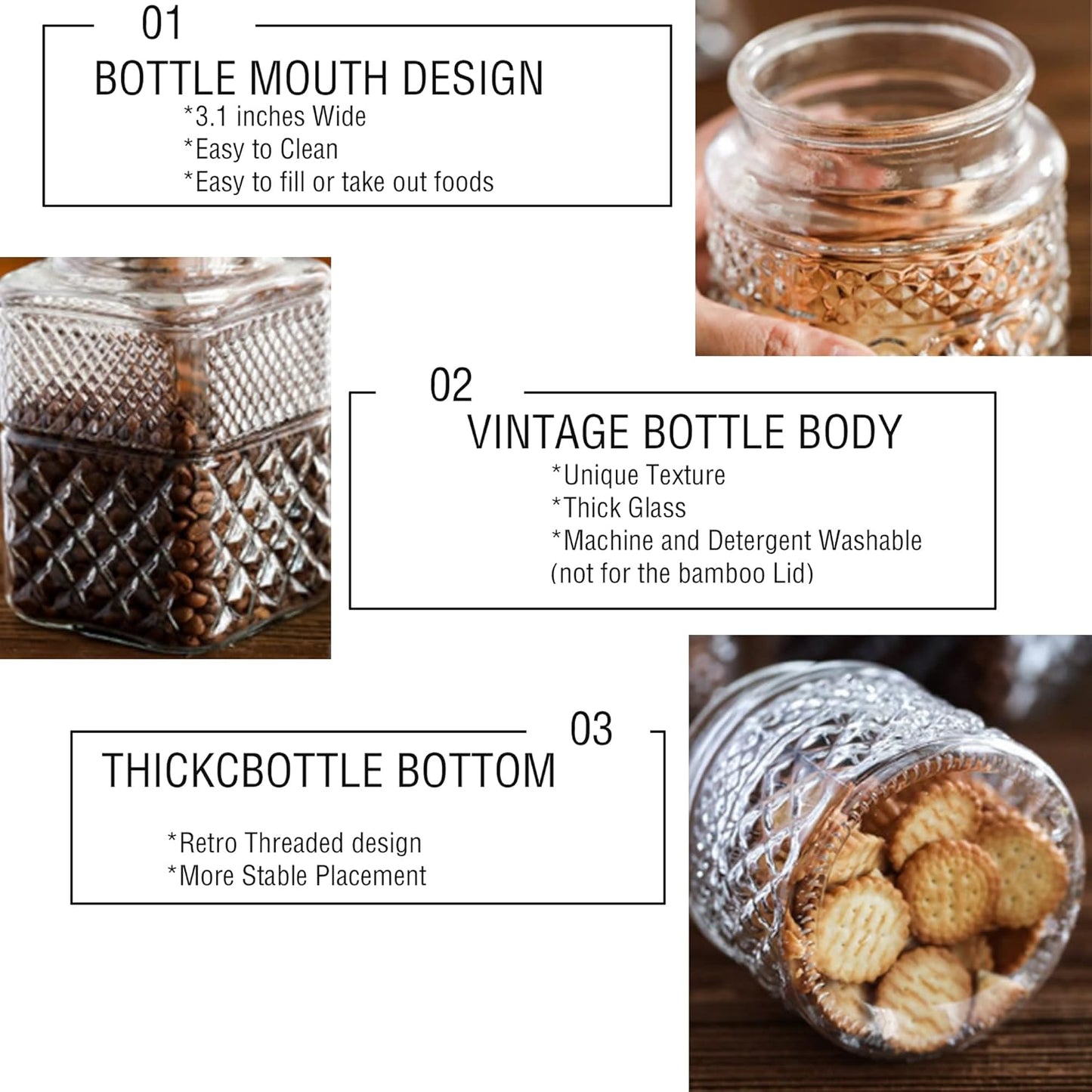 Large Glass Storage Jar, 60 FL OZ Glass Food Storage Containers with Bamboo Lid, Kitchen Containers Cereal Canisters Decorative Jar for Candy Snack Cookies Coffee Tea Nuts Airtight Glass Jars (Square)