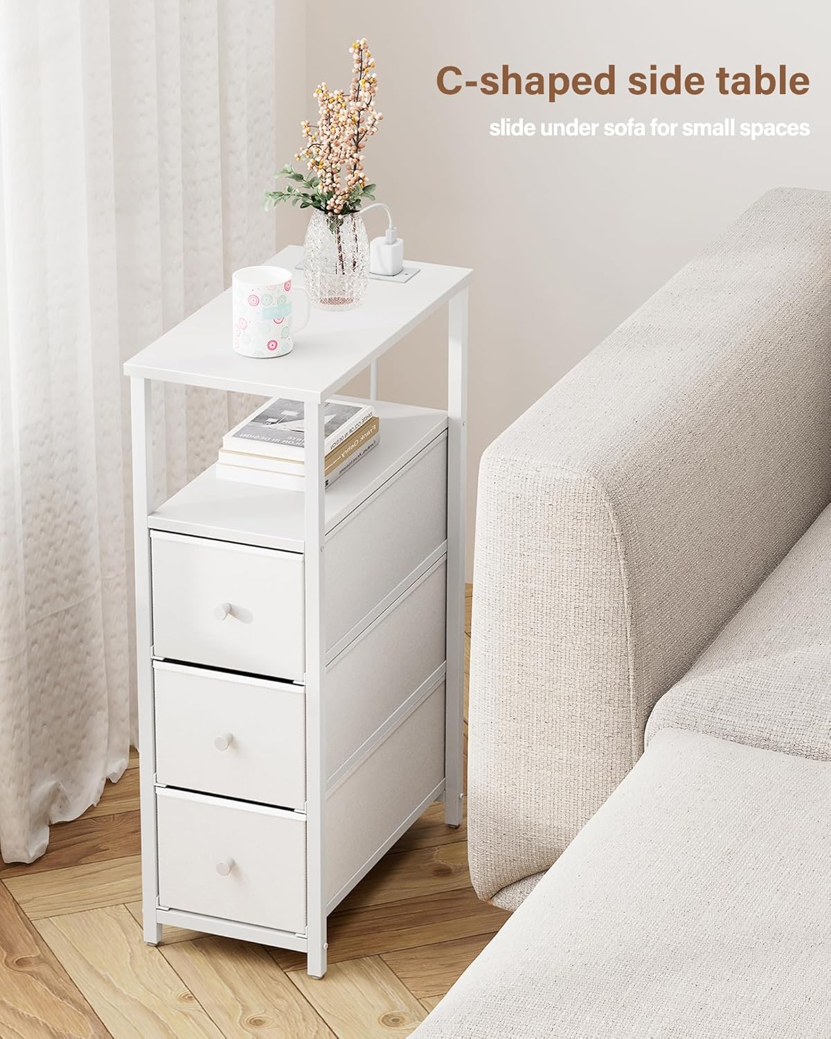 TUTOTAK Narrow Night Stand with Charging Station, Slim End Table with Plugins, Tall Side Table with 3 Fabric Drawer, Small Bedside Table with Storage, Living Room, Bedroom, White TB01BW086
