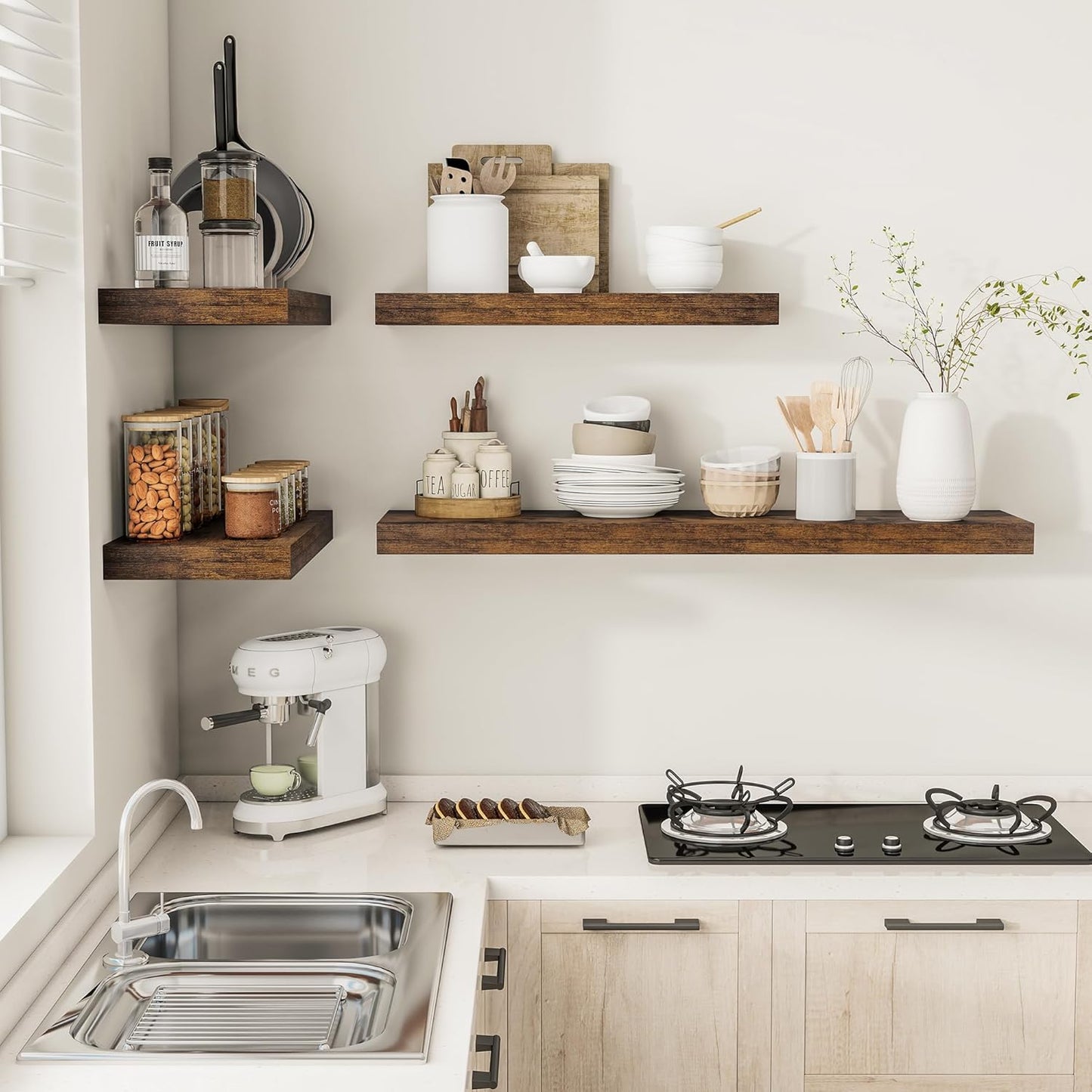 12" Deep Floating Shelves for Wall 55 Inches Long, Heavy Duty Wall Shelves for Bedroom Bathroom Kitchen Laundry Room, Farmhouse Rustic Shelves for Home Decor, 55" X 12" X 2" Set Of 2, Rustic Brown