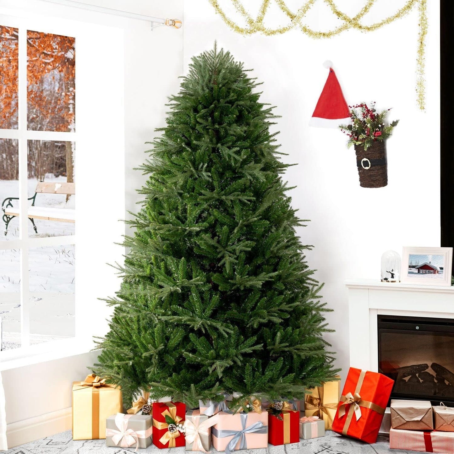 Naomi Home 6.5ft Christmas Tree with Lights, Realistic Prelit with Hinged Design with Foot Pedal, 2041 Branch Tips, 400 Warm Lights and Metal Stand, Aritificial Tree