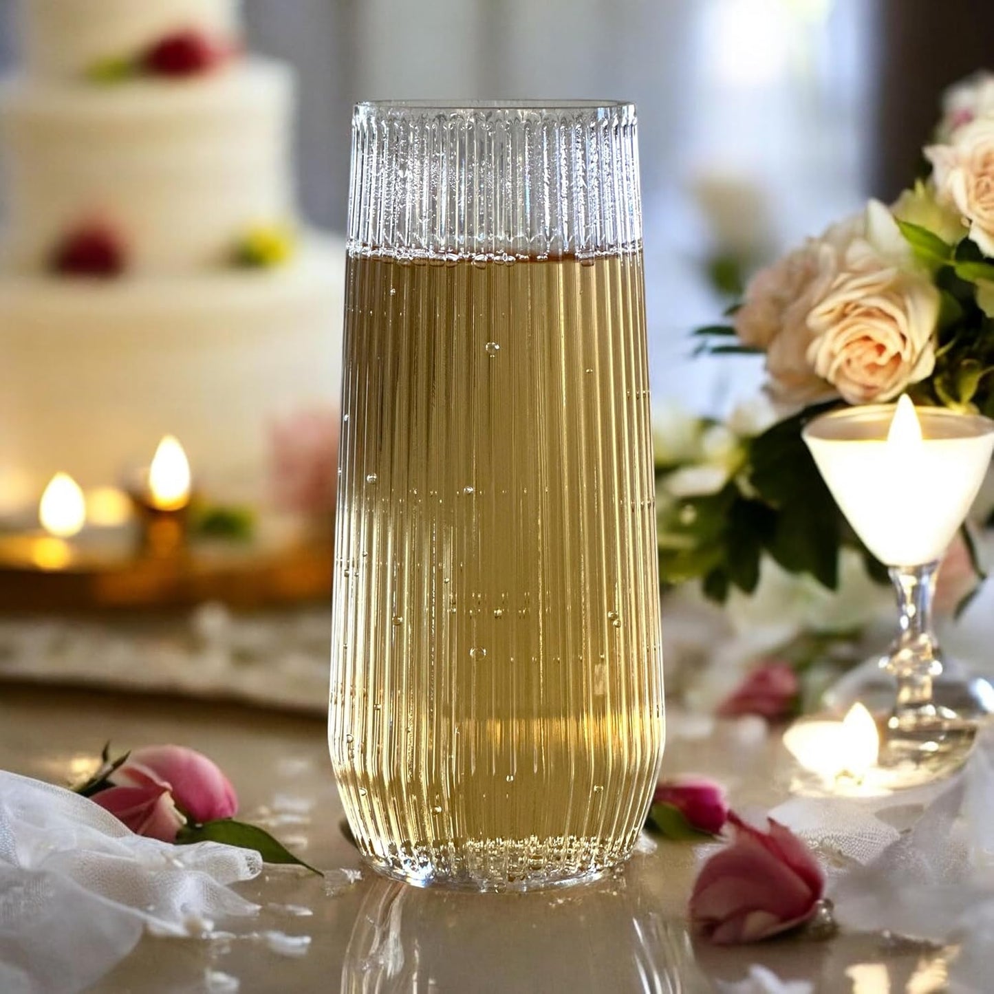 48 Pack Ribbed Ripple Stemless Toasting Glasses, Origami Durable 9 Oz BPA-Free Disposable Plastic Champagne Flutes for Weddings, Bars, Events, and Celebrations (Clear)