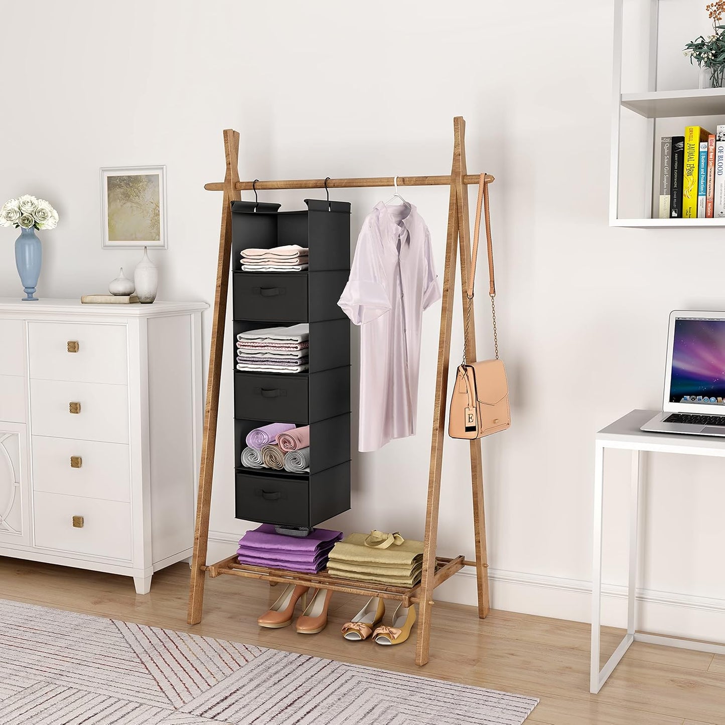MAX Houser 6 Tier Shelf Hanging Closet Organizer, Closet Hanging Shelf with 2 Sturdy Hooks for Storage, Foldable (Black-D3)