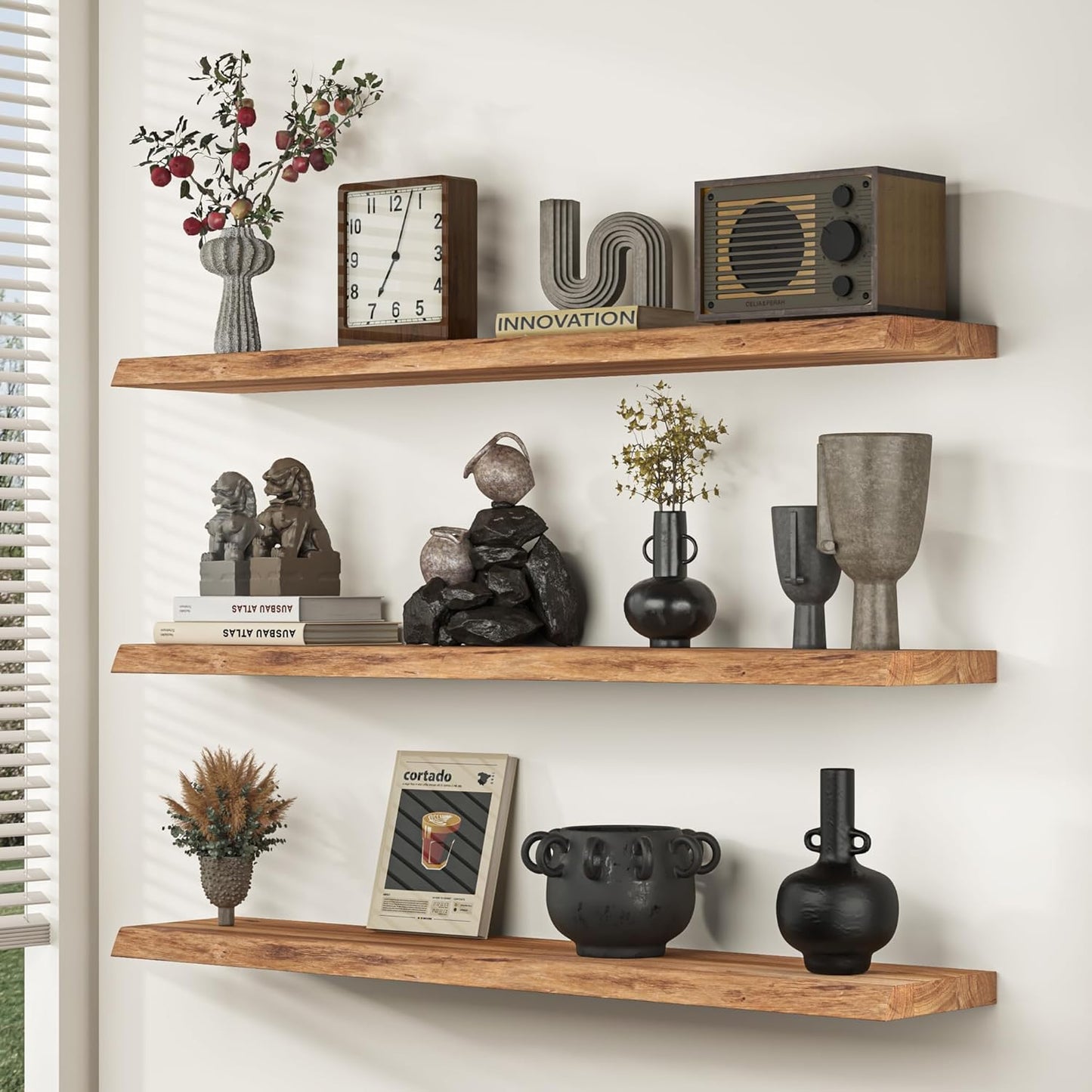 Floating Shelves for Wall, 32" Live Edge Solid Elm Wood Floating Shelf, Wall-Mounted Display Shelves with Invisible Heavy-Duty Metal Bracket, Floating Shelf for Kitchen (Natural, Set of 2)