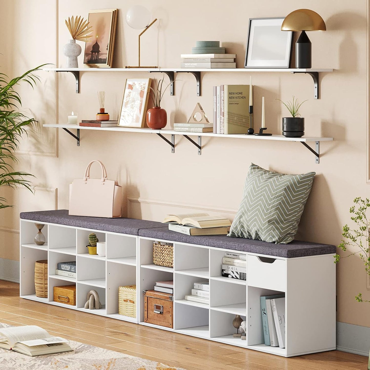DINZI LVJ Long Wall Shelves, 39.4Inch Wall Mounted Shelves Set of 2, Easy-to-Install, Wall Storage Ledges with Sturdy Metal Brackets for Living Room, Bathroom, Bedroom, Kitchen, White