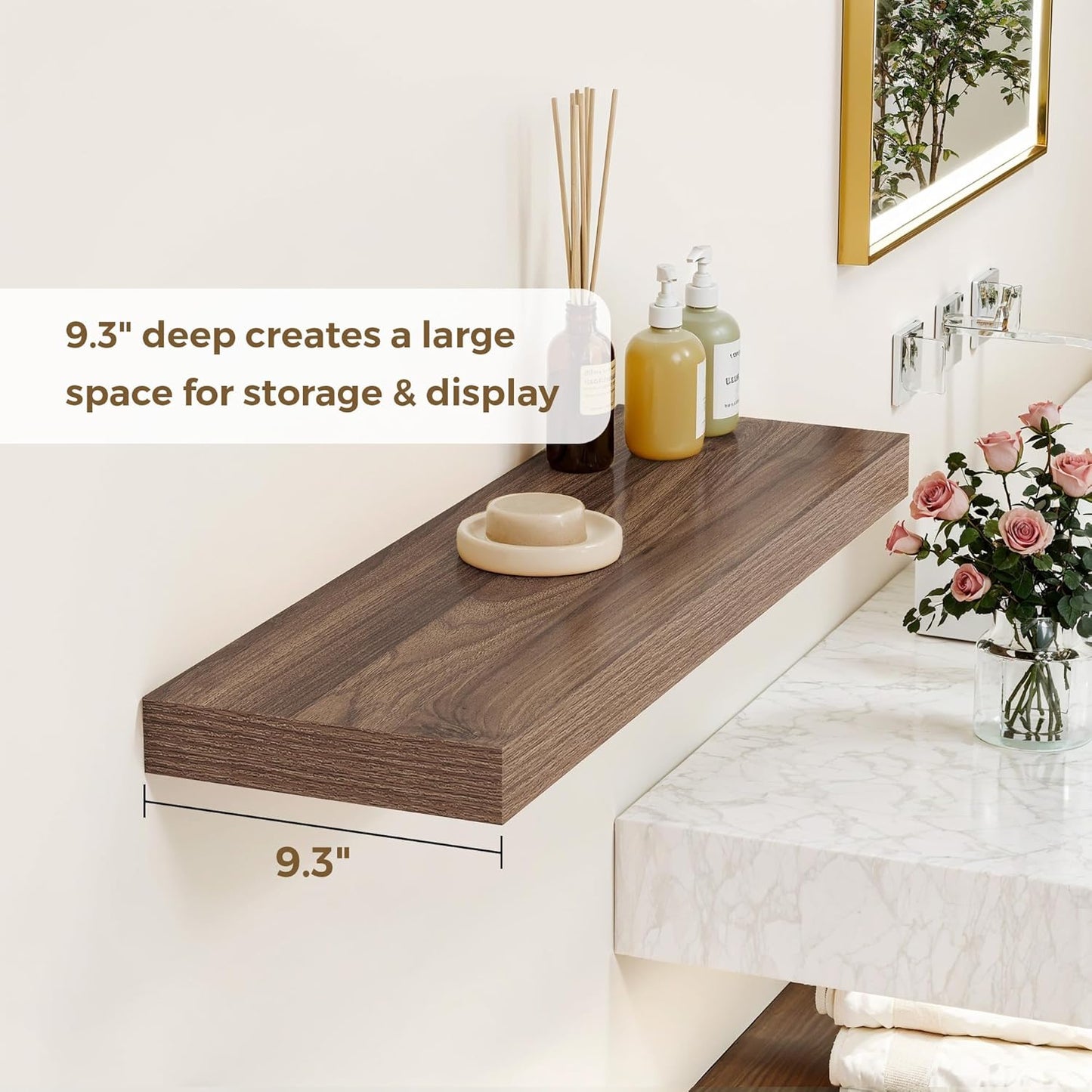 Dreamland 48 Inches Floating Shelves for Wall, 9.3" Deep Long Floating Shelves Set of 1, Large Display & Storage Shelf, Wall Shelf for Bathroom Bedroom Living Room Kitchen Office, Walnut