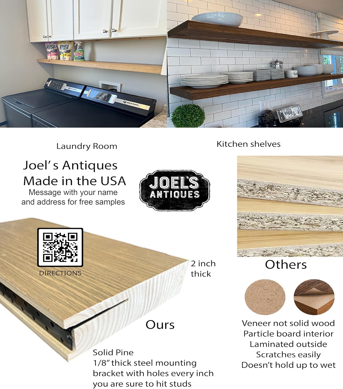 Joel's Antiques 42 Inch Wooden Floating Shelves for Wall - 42x12x2 in - Made of Natural Wood - Long Heavy Duty Rustic Wall Shelves for Bedroom - Perfect for Living Room, Kitchen - Medium Brown