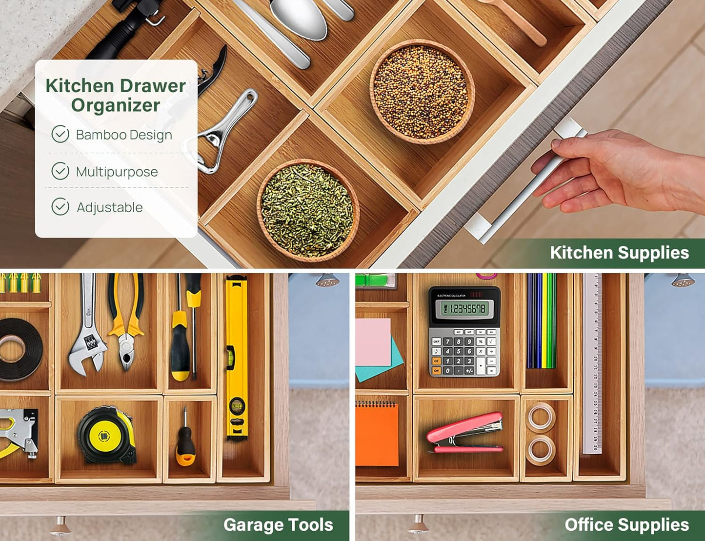 Kootek Bamboo Drawer Organizer with Removable Dividers, 6 Pcs Adjustable Kitchen Drawer Organizer Utensils Bamboo Organizers Silverware Storage Box Cutlery Tray Multi-Use for Bathroom, Makeup, Office