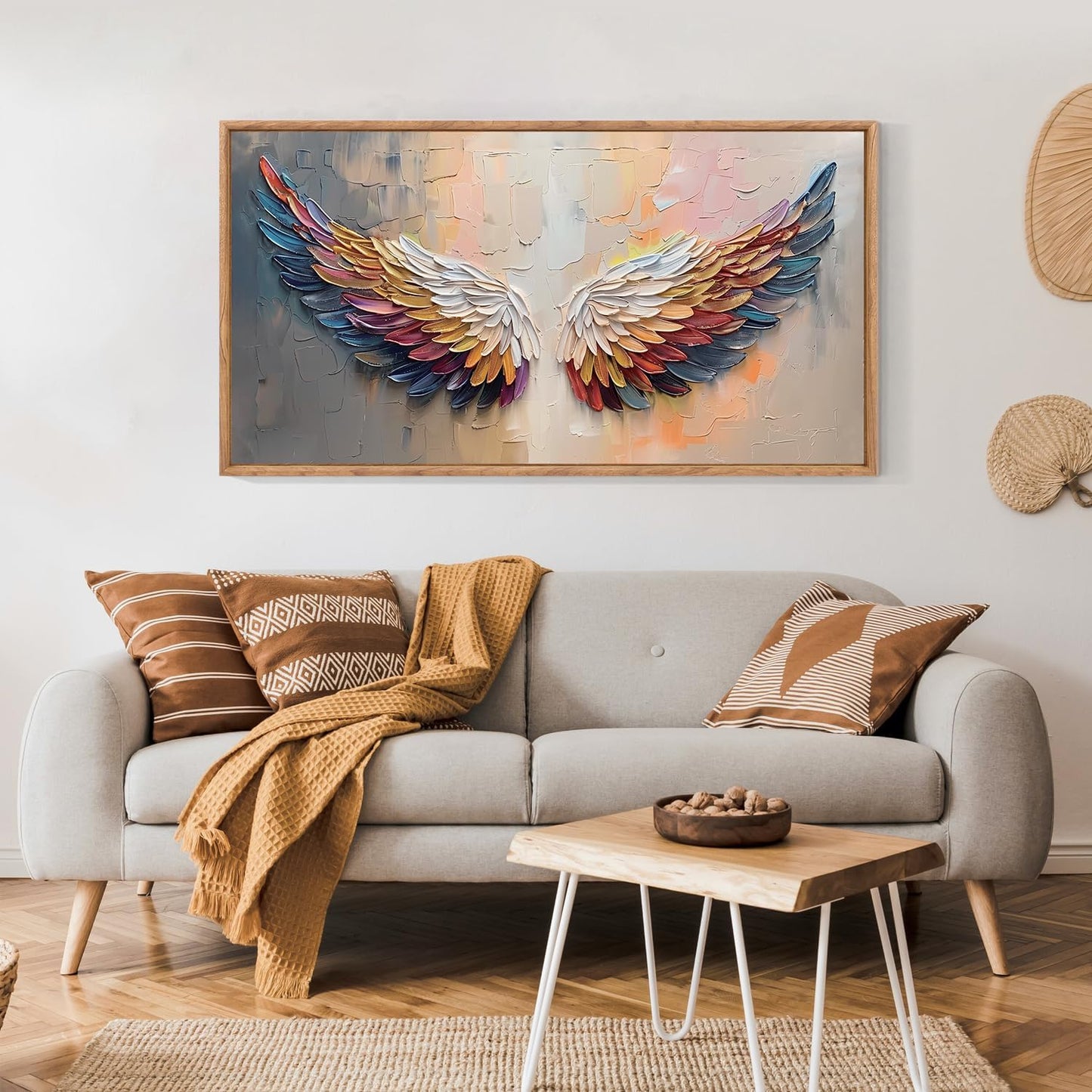 Aurlan Angel Wings Hand Painted Framed Wall Decor(40"x20"), Large Abstract Colorful Feather 3D Textured Oil Painting Canvas Artwork, Modern Contemporary Inspirational Wall Art for Living Room Bedroom