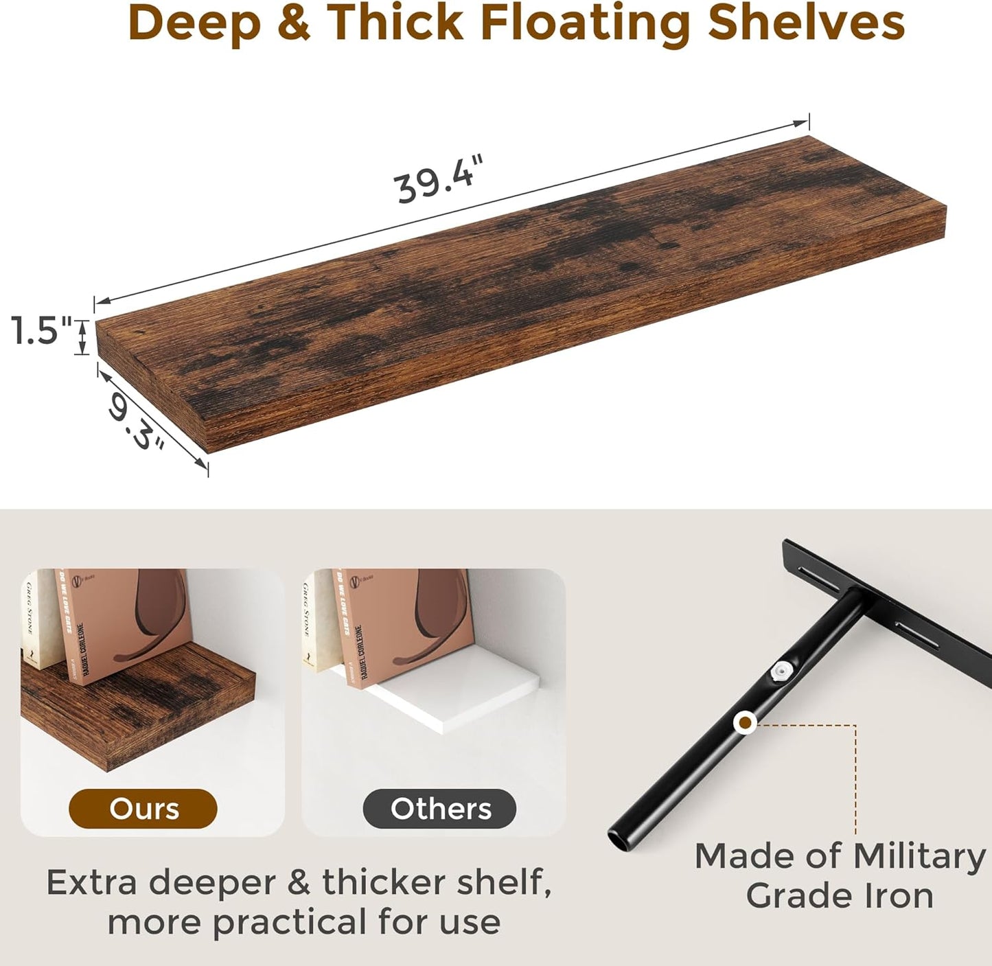 40 Inch Floating Shelvese, 40" W x 9" D Floating Shelf Set of 2, Farmhouse Wood Wall Shelves for Bedroom, Kitchen, Wall Mounted Deep Shelving for Home Decor, Rustic Brown Color