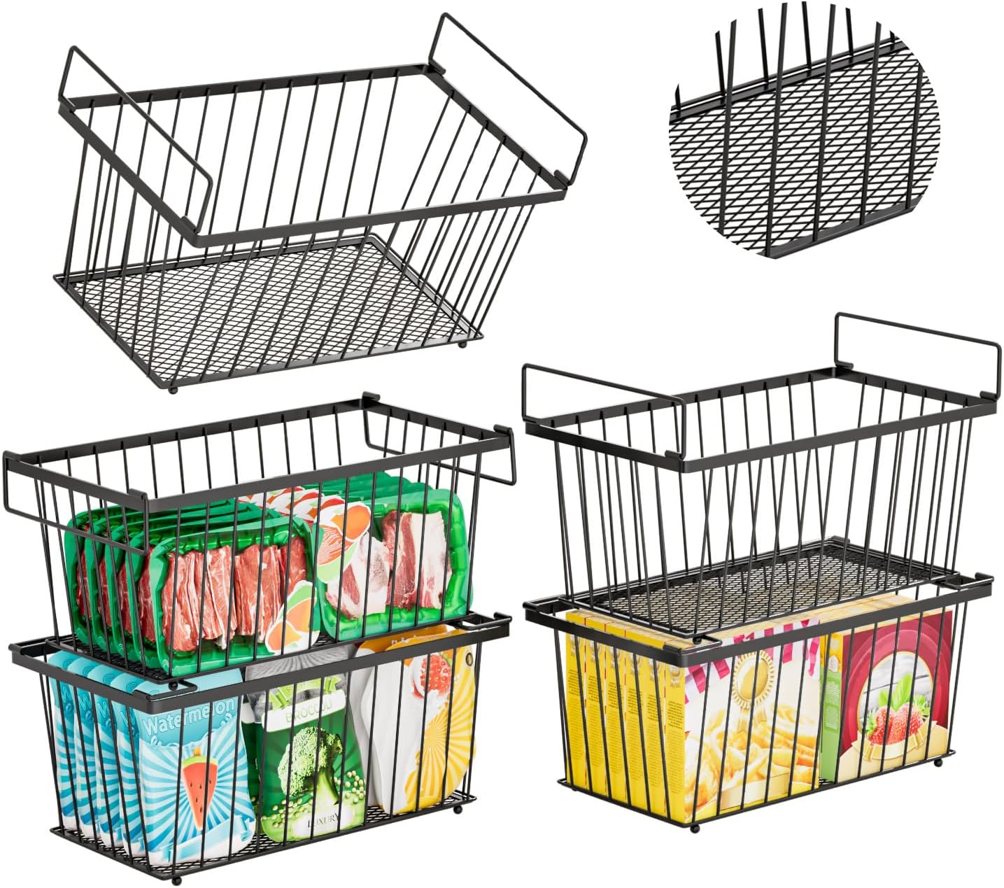 5 Pack Stackable Deep Freezer Organizer Bins ，Upgraded Bottom Leak-Proof net，Encryption and Hardening ， Freezer Organizer Bins for 5 to 7 Cu.FT Small Chest Freezer， Easy Get Bottom Foods