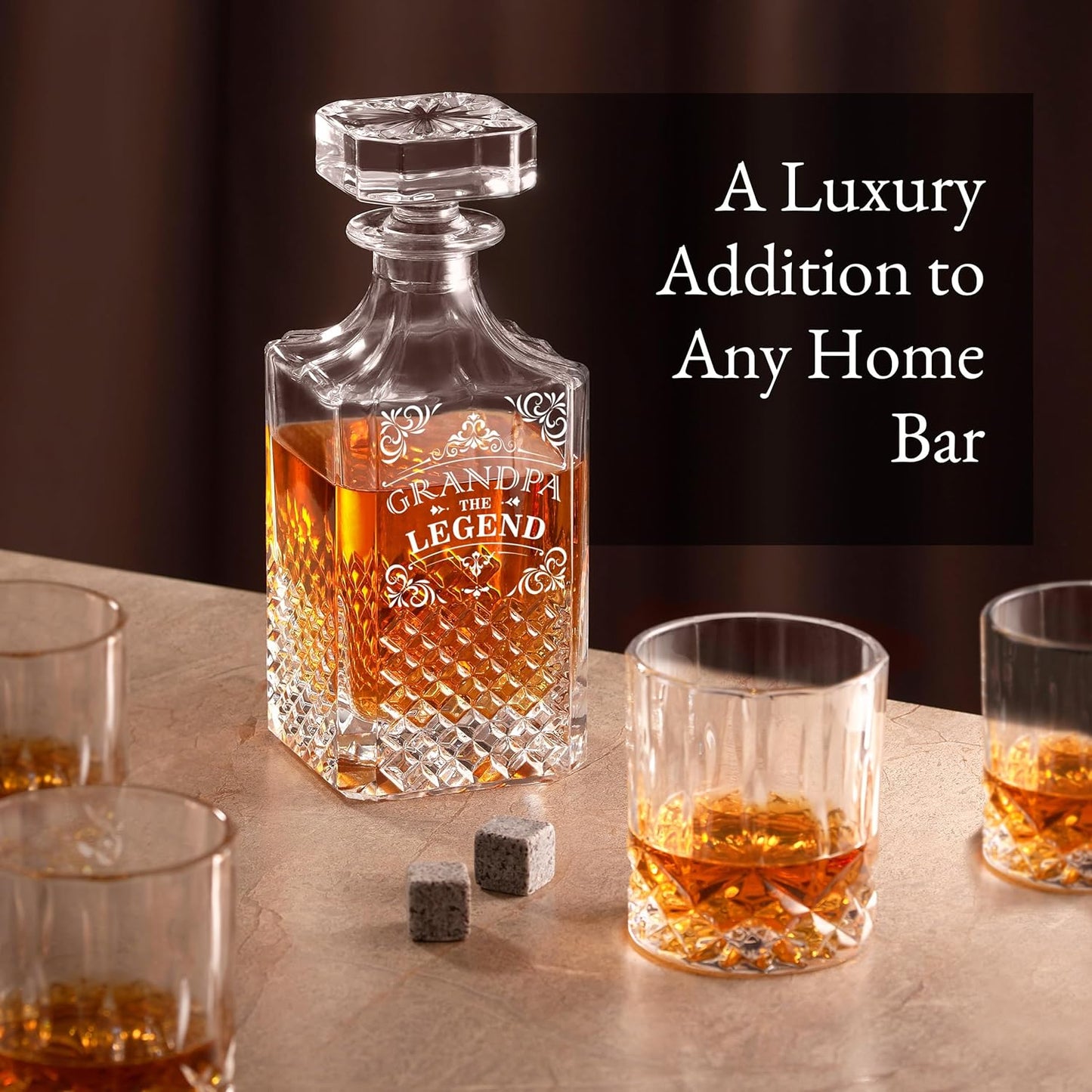 Luxury Gift For Men - Grandpa The Legend - Unique Engraved Whiskey Decanter Set For Beloved Grand Father or Dad Christmas, Birthday Gift – 4 Whiskey Glasses And Decanter Set for Whisky, Bourbon Ets.