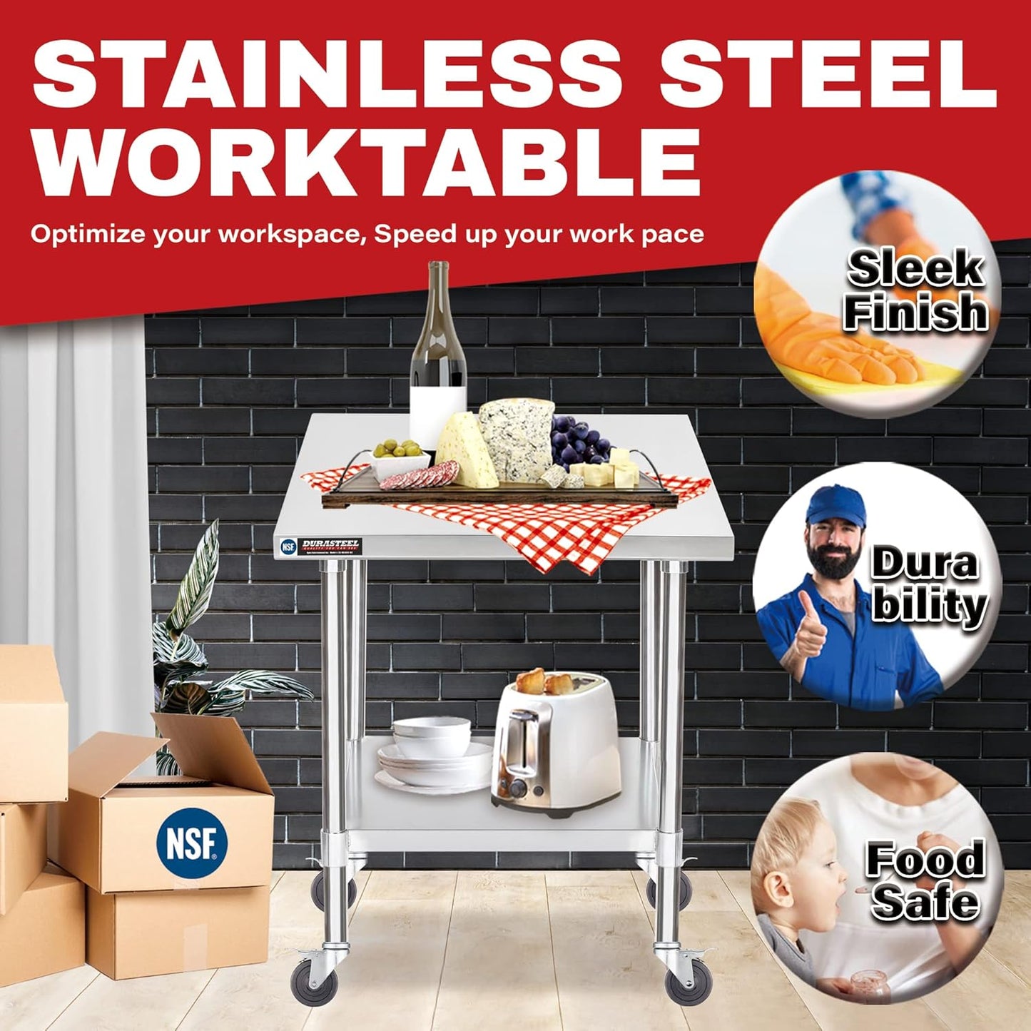 DuraSteel 30x30 NSF Stainless Steel Cart - Heavy Duty Rolling Food Prep Table with Undershelf - Metal Utility Cart for Commercial Restaurant Kitchen, Laundry, Outdoor Portable BBQ Grill