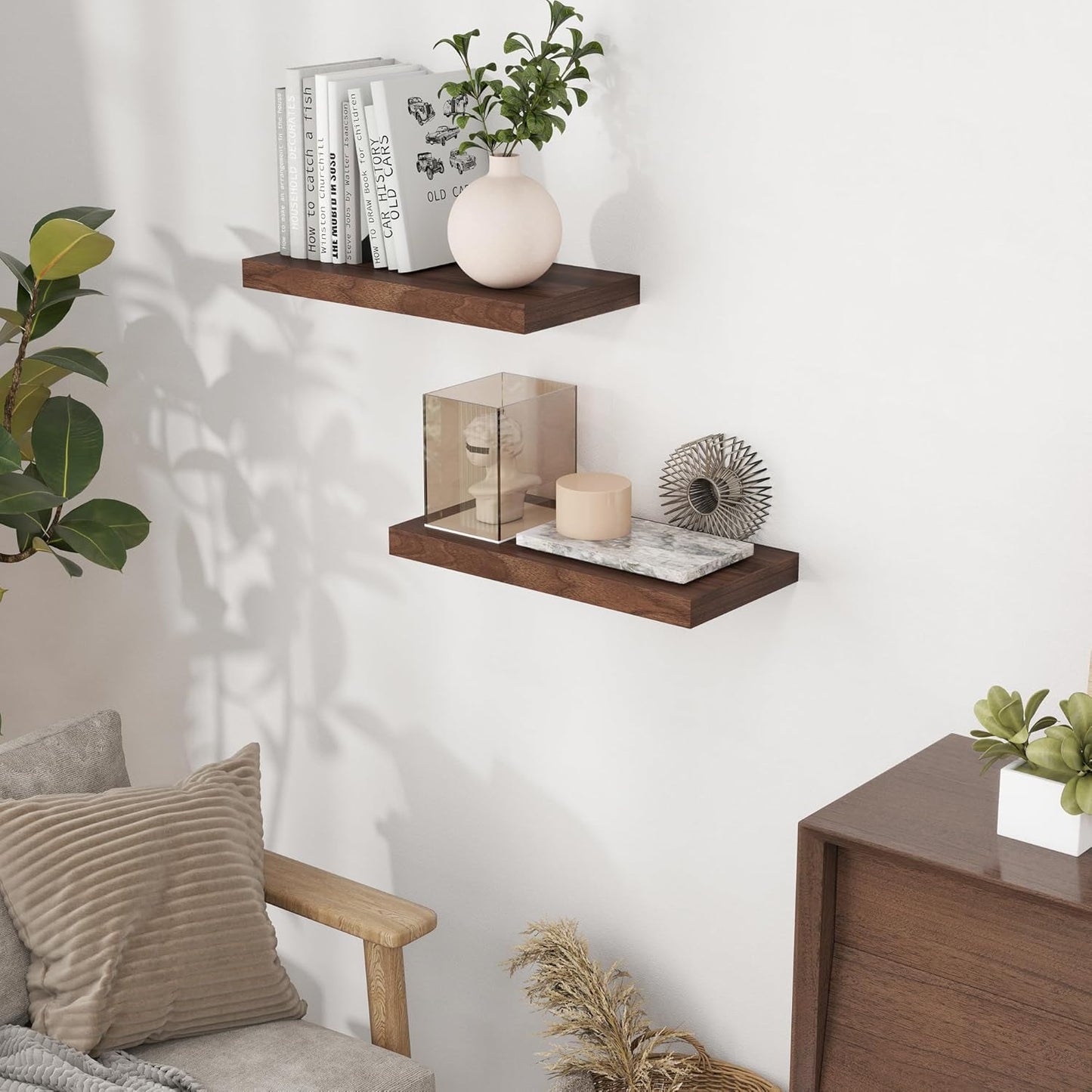 Fun Memories 16 Floating Shelves for Wall, 9 Inch Deep Floating Shelf for Bathroom, Rustic 16 x 9 Floating Shelf for Kitchen, Bedroom, Wide Wooden Shelves Wall Mounted, Walnut Color, Set of 2