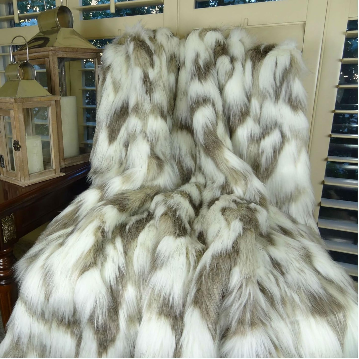 Ivory Beige Luxury Faux Fur Throw Blanket - Tibet Fox Fur - 108W x 90L