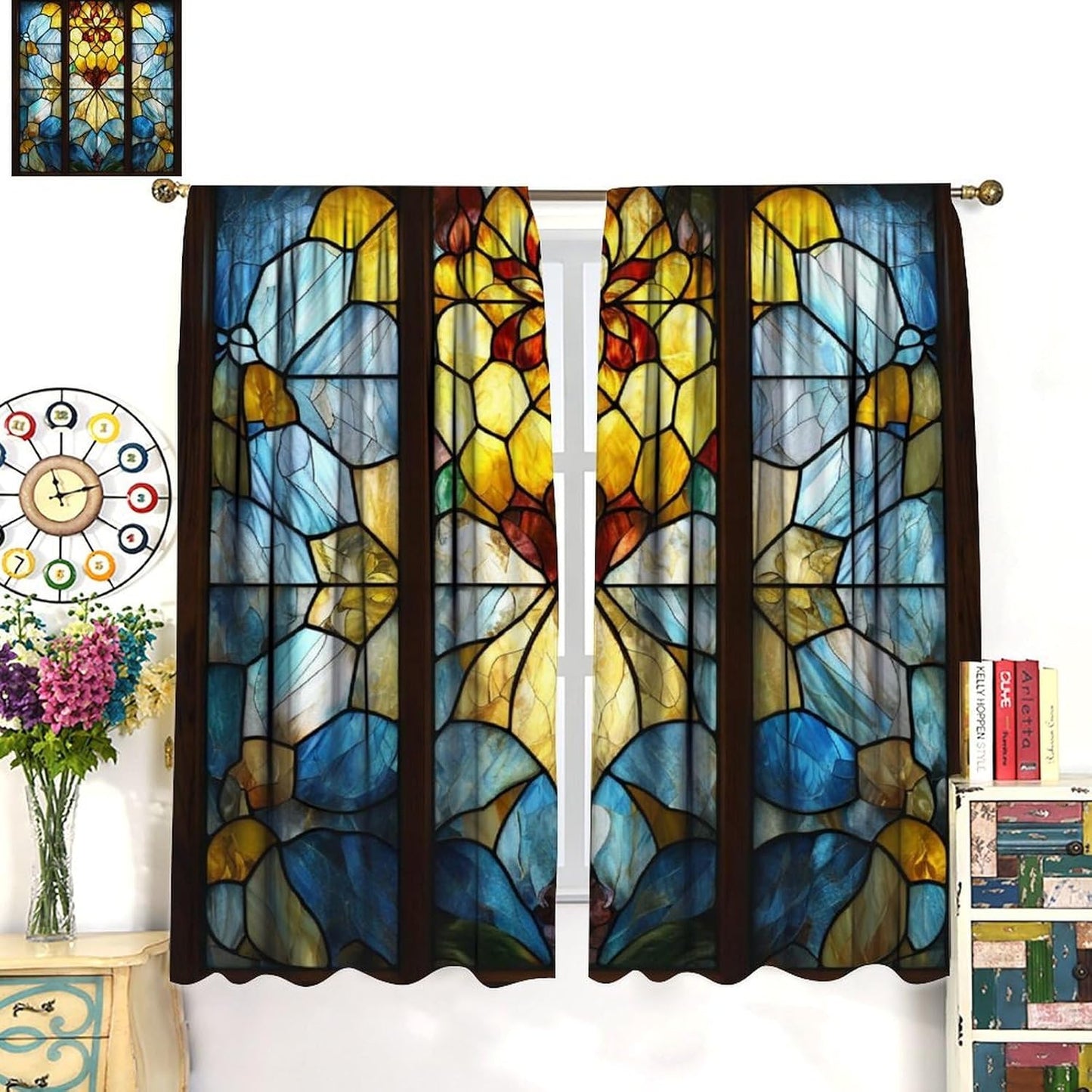 Stained Glass Curtains,Retro Abstract Colorful Art Home Decor Drapes for Bedroom Living Room Kitchen Window Treatment 2 Panels Set Total Size 52" W X 84" L Inch