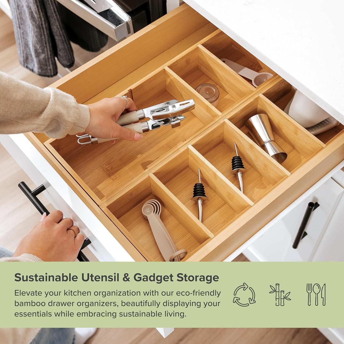 Premium Kitchen Utensils and Junk Drawer Organizer – Small 5-Compartment Design with 4 Removable Dividers, Non-Slip Feet, 100% Sustainable Bamboo, 2 Pack