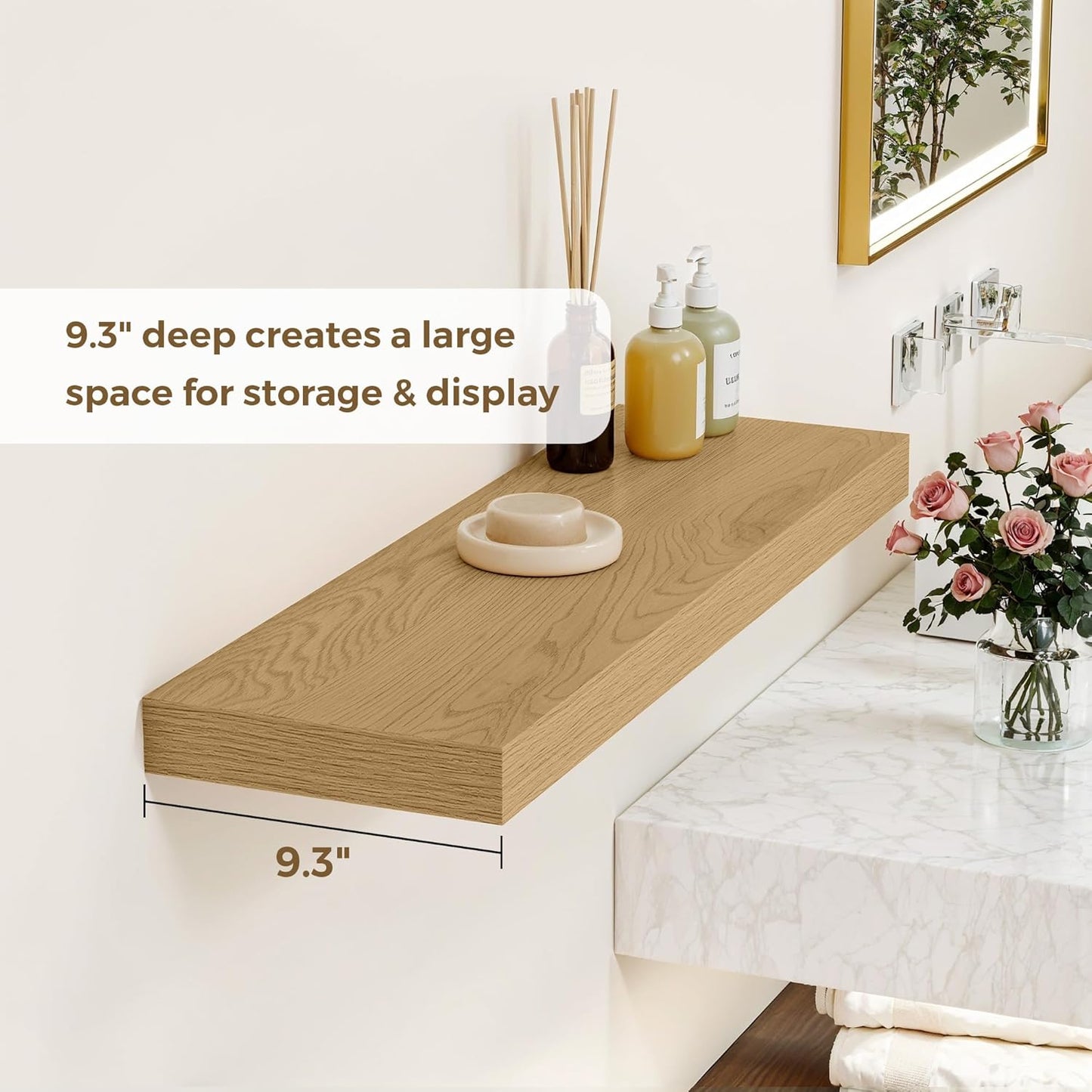 Dreamland 48 Inches Floating Shelves for Wall, 9.3" Deep Long Floating Shelves Set of 1, Large Display & Storage Shelf, Wall Shelf for Bathroom Bedroom Living Room Kitchen Office, Oak