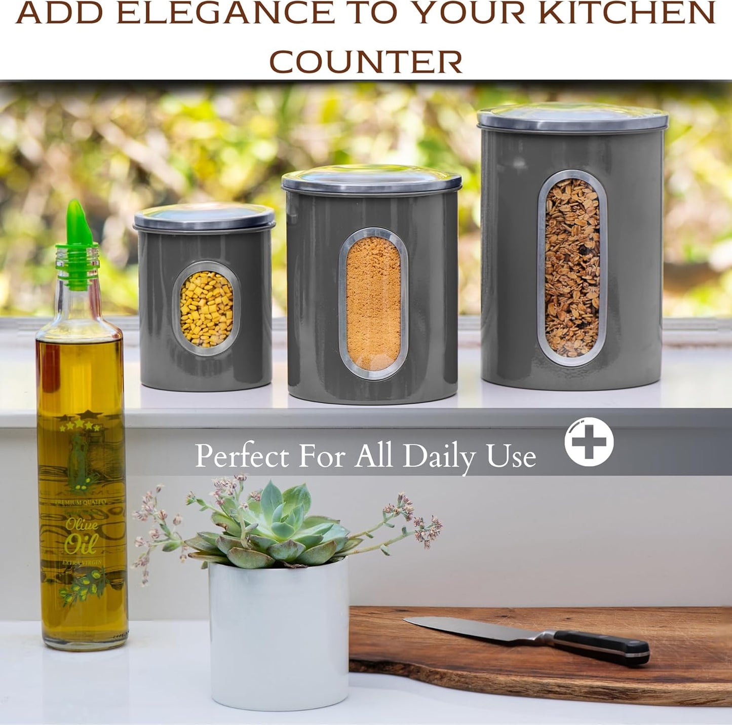 Moss & Stone 3-Piece Gray Canisters Sets For The Kitchen, Airtight Canister Set With See Through Window, Storage Jars for Coffee Container, Tea Organizer & Sugar Canister, Gray Kitchen Canisters